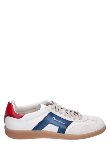 Santoni Leather Double Buckle Sneaker White Blue