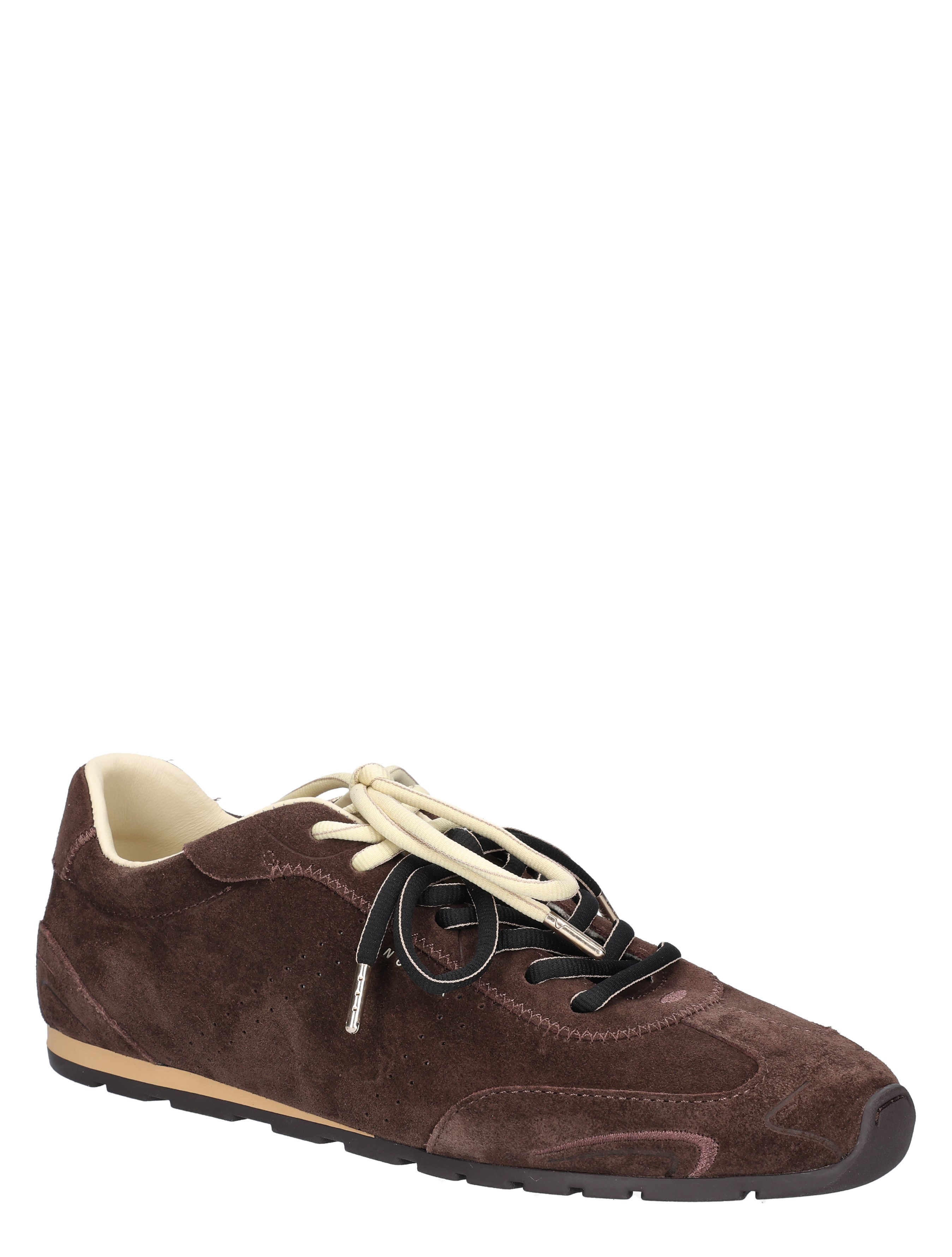 sneaker, bruine schoen, suede, witte veters, zwarte veters