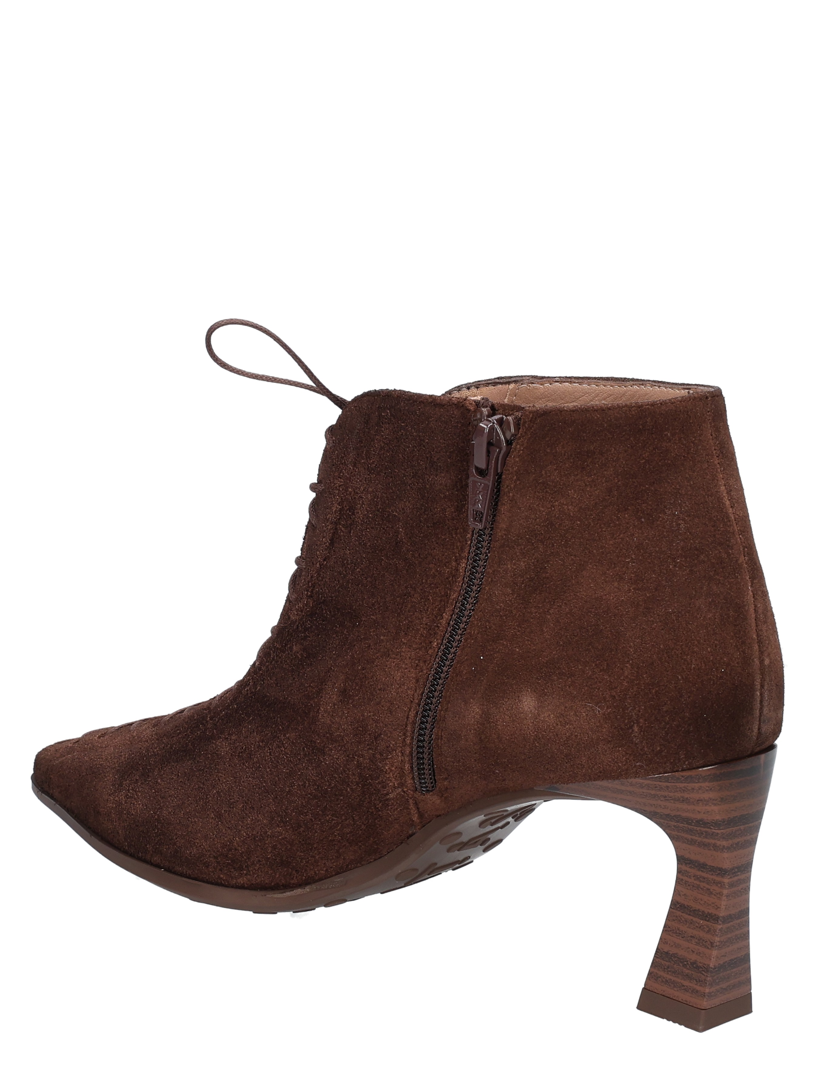 bruine, suede, enkellaars, hoge hak, rits