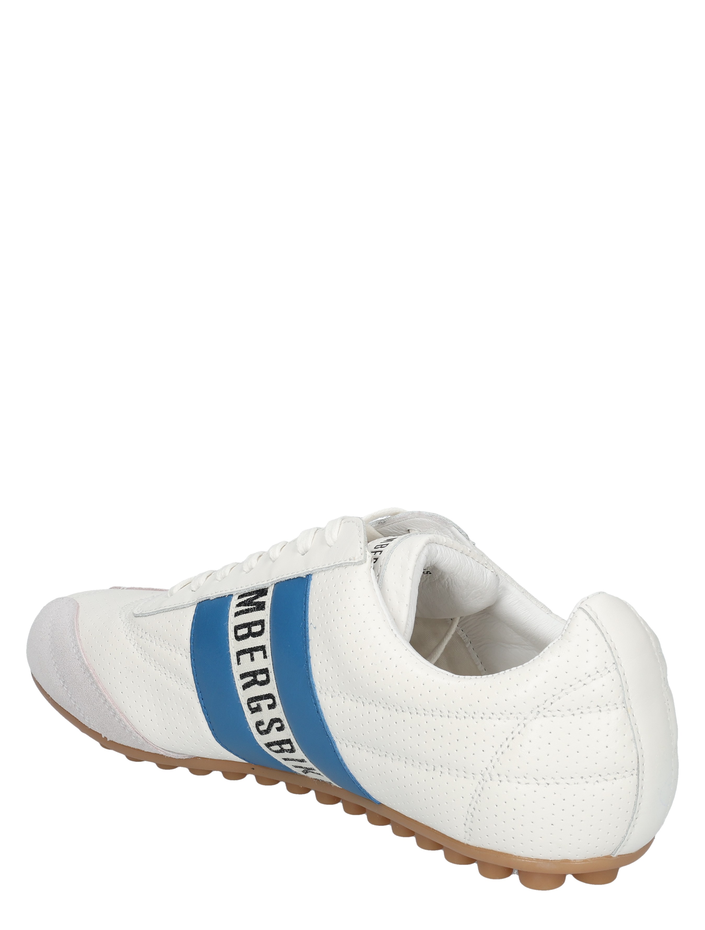 witte sneaker, luxe sport, perforatie leer, blauwe stripe, rubber noppentegel outsole