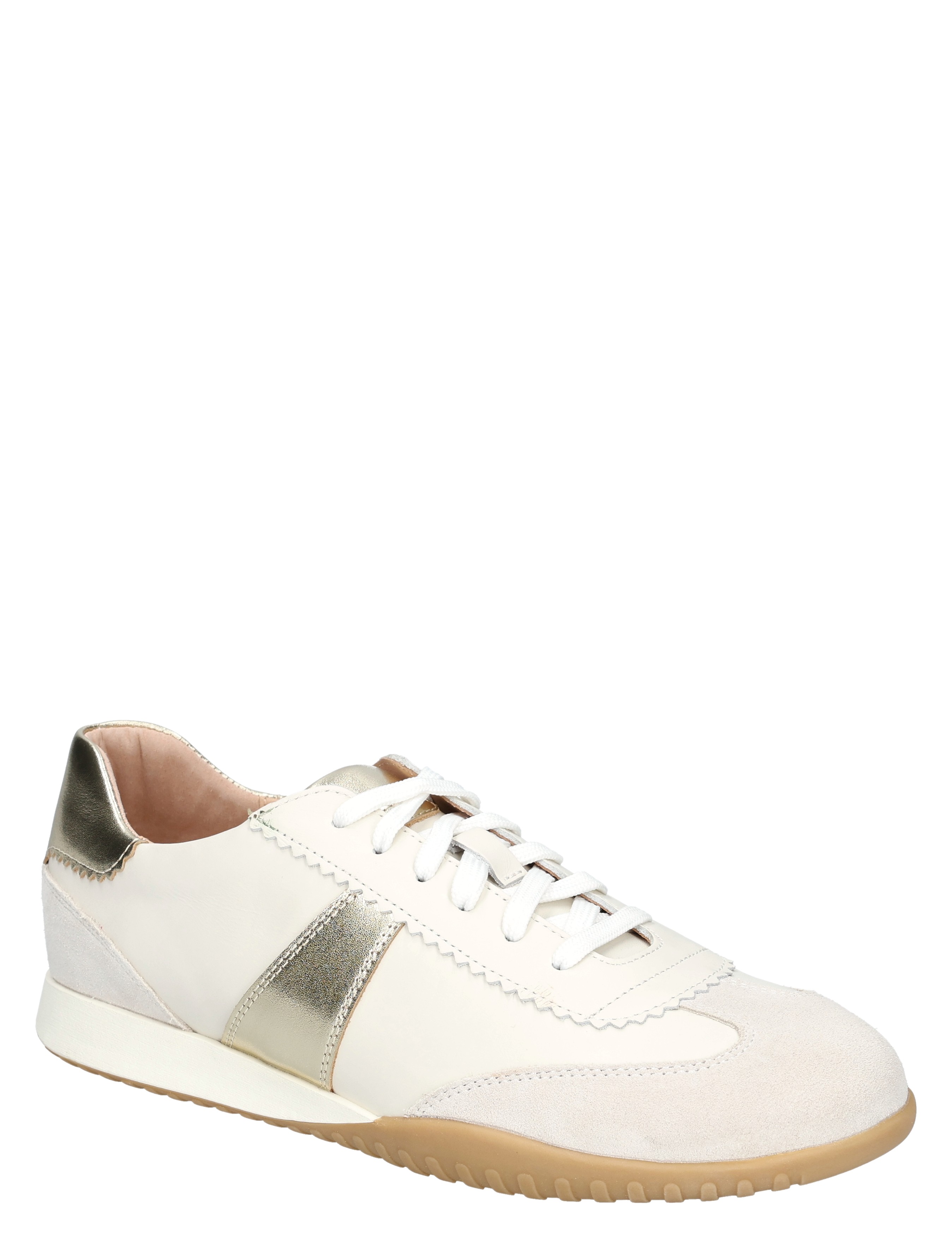 sneaker, witte schoen, gouden metallic accente, vlechtstik rand, rubberzool