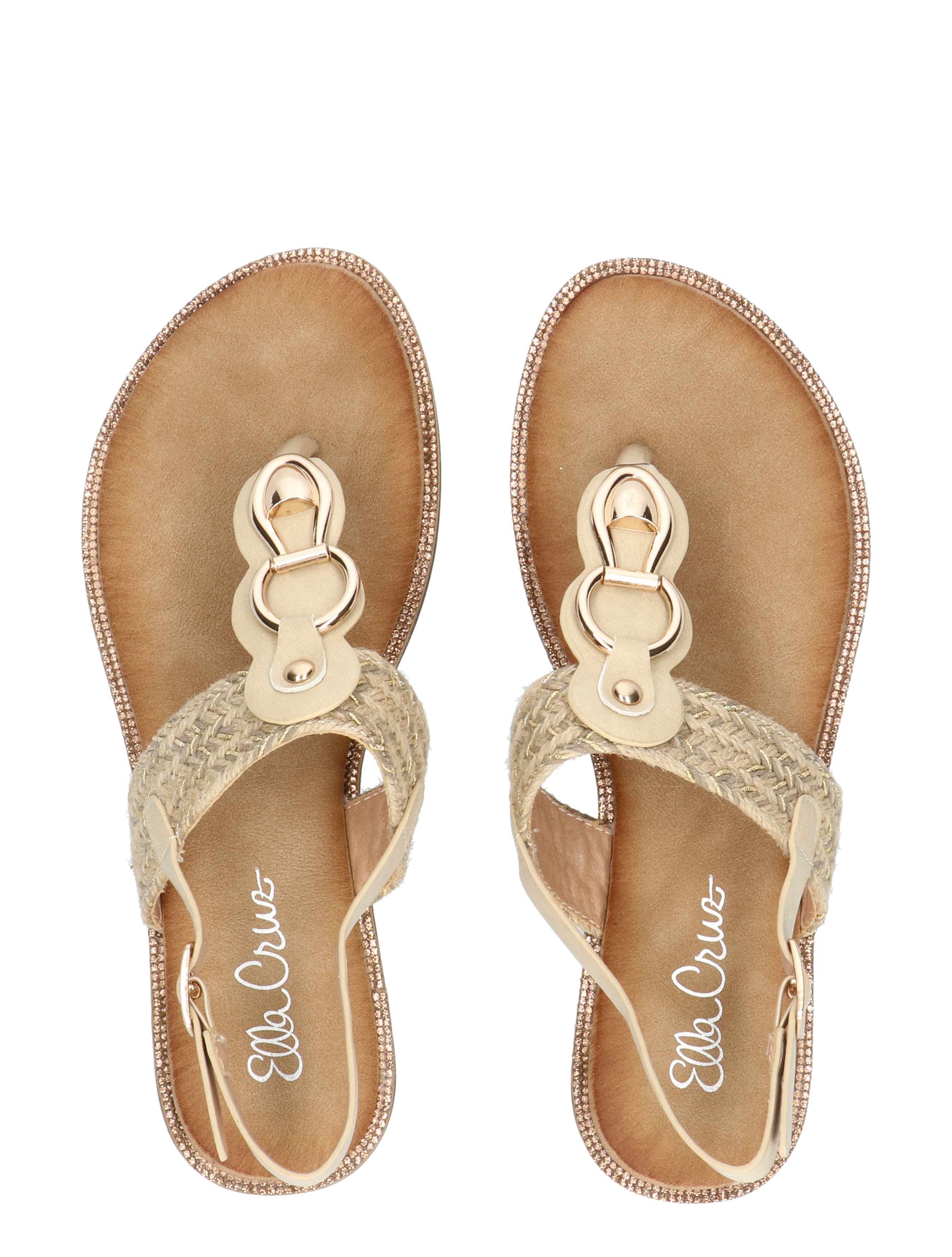 sandalen, gevoerde zool, touwriempjes, sleutelringdecoratie, glitterrand