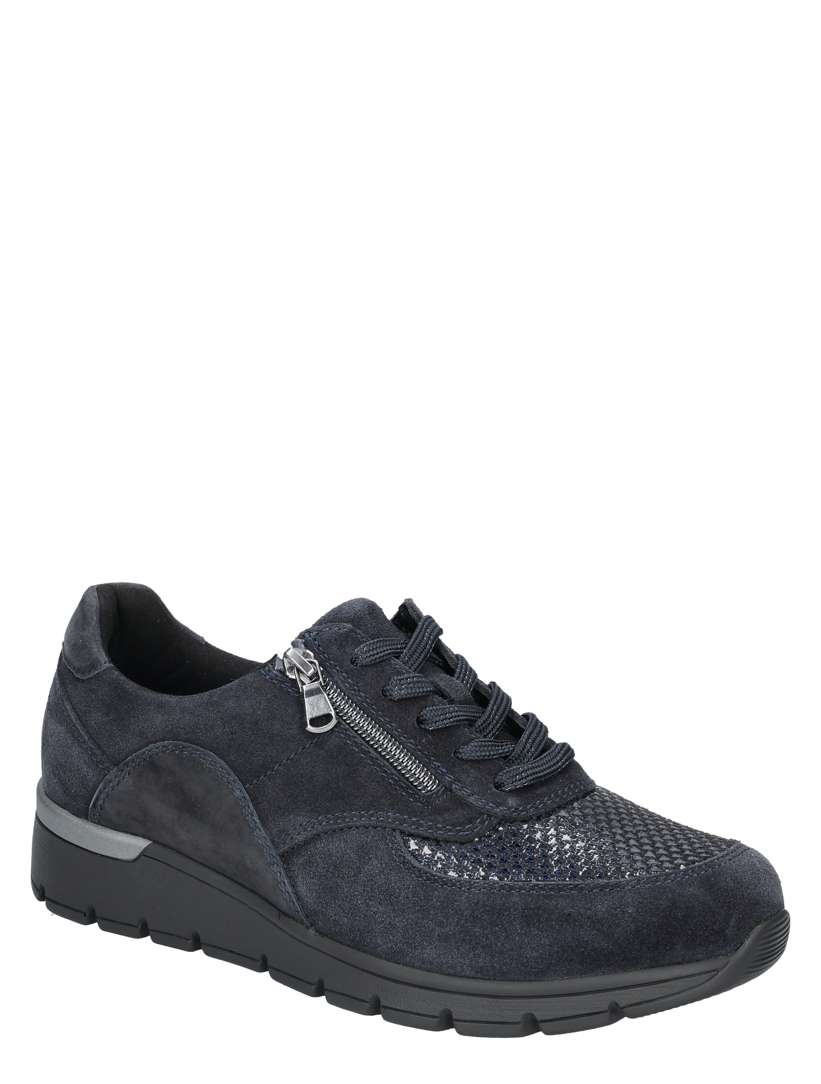 damessneaker, donkerblauw, zachte stof, veterboot, zwarte zool