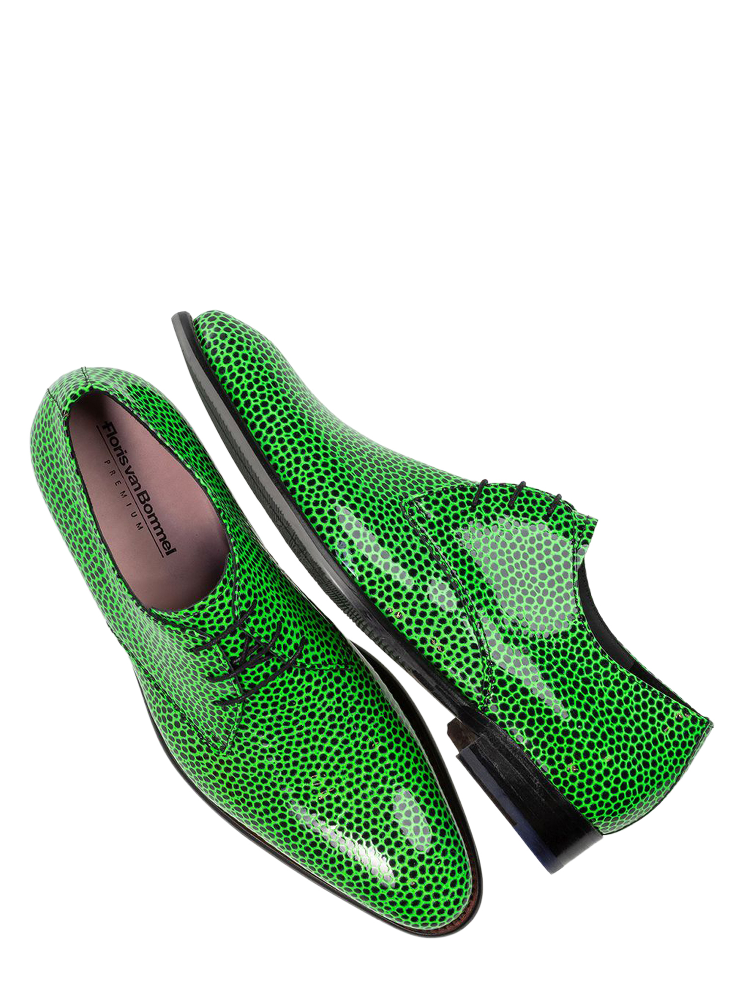 mannenschoenen, lisse leren, groene leren, patroon, schoen met print