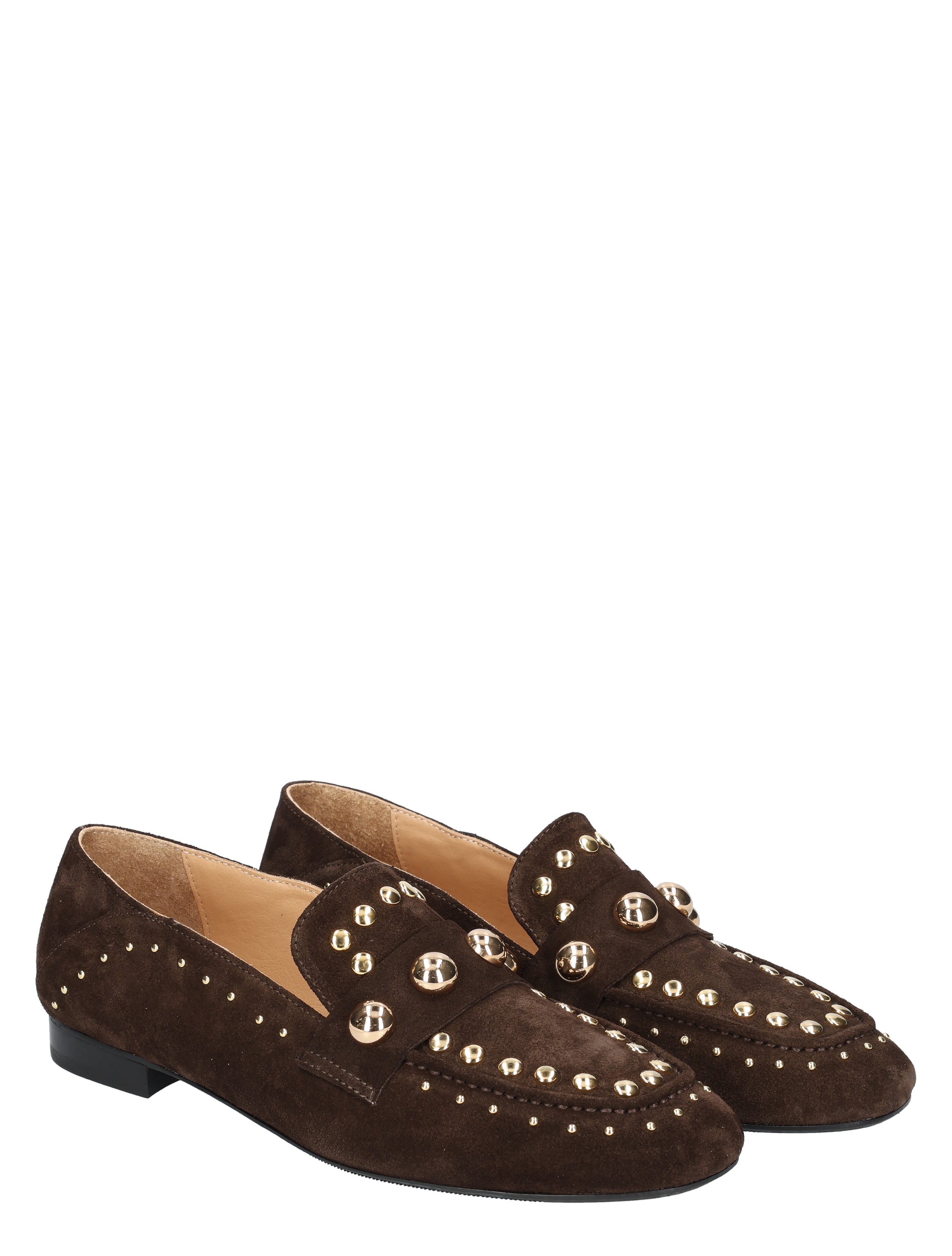 loafers, suede, metal studs, brown, slip-on