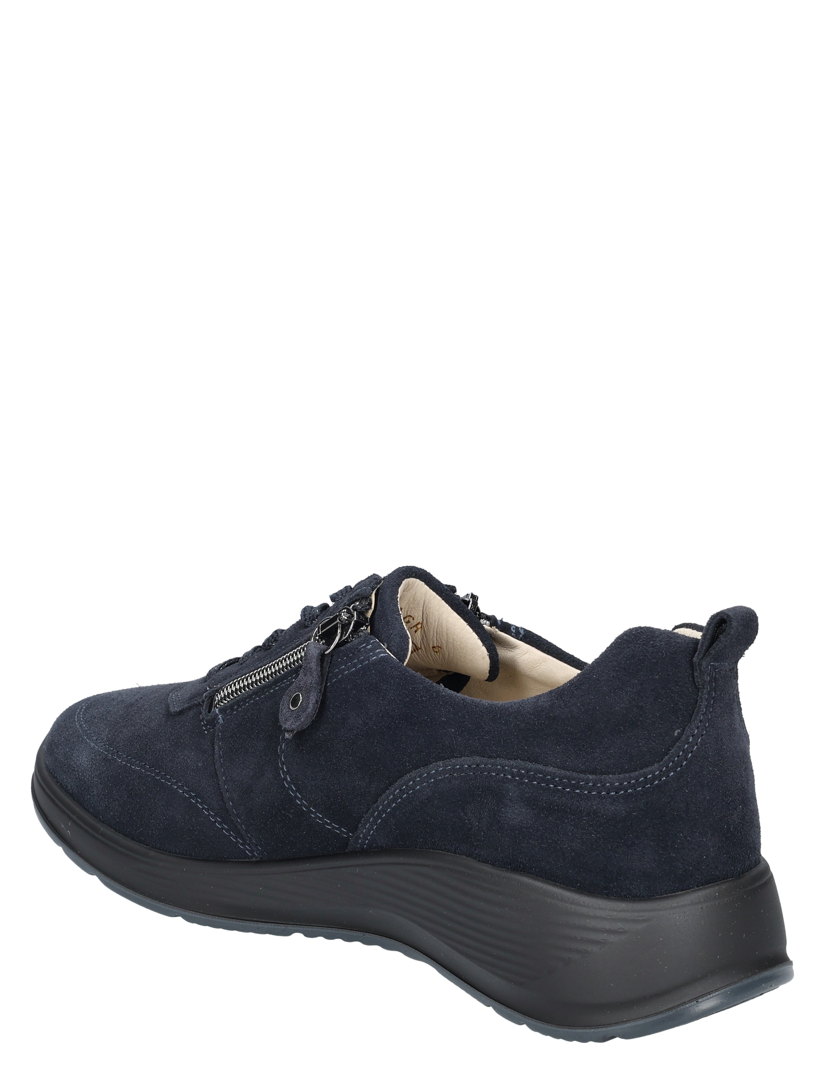 sneaker, zachte suède, donkerblauw, ritssluiting, wedgezool