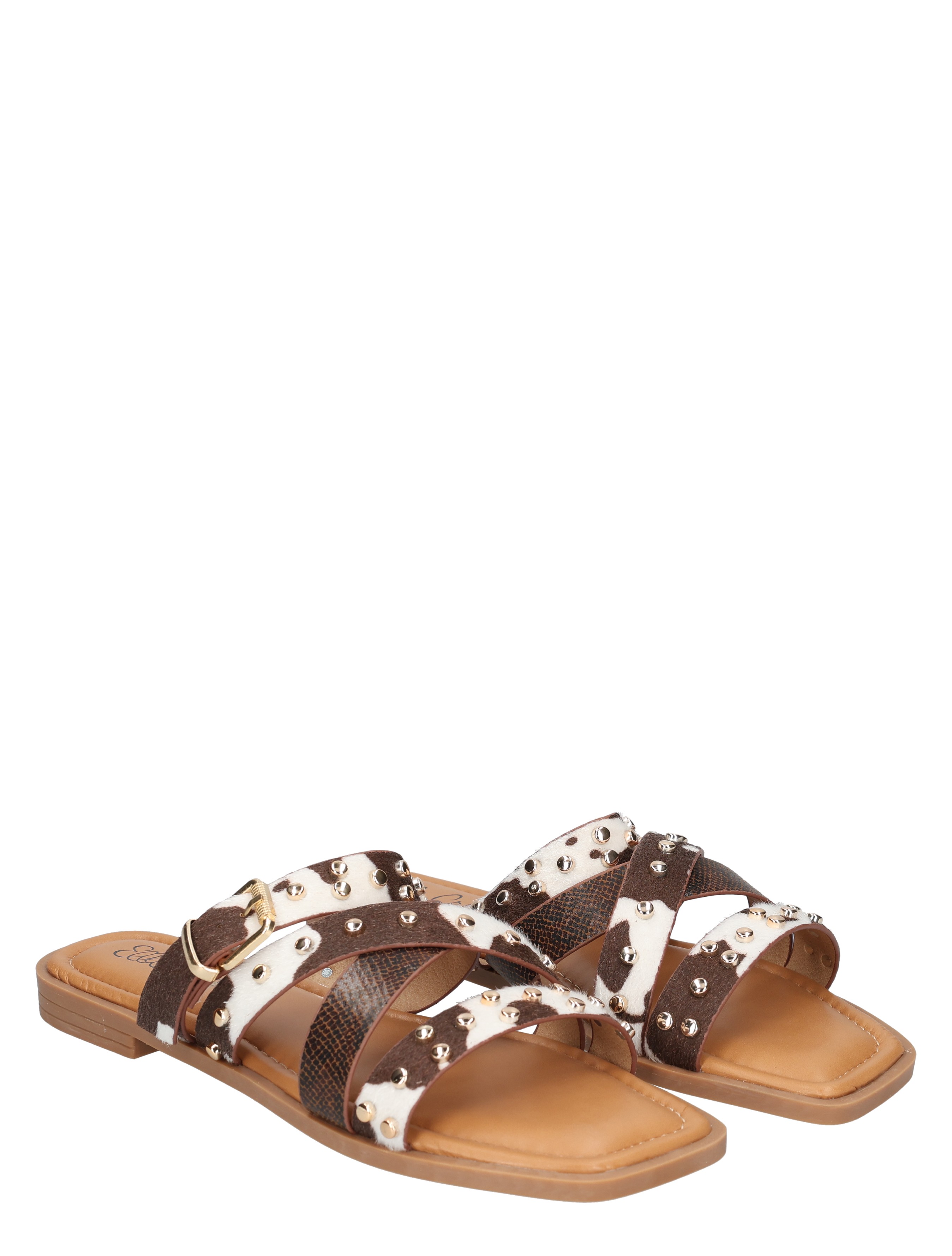 sandalen, sandalen met studs, bandjes, bruin-wit, flat slipper