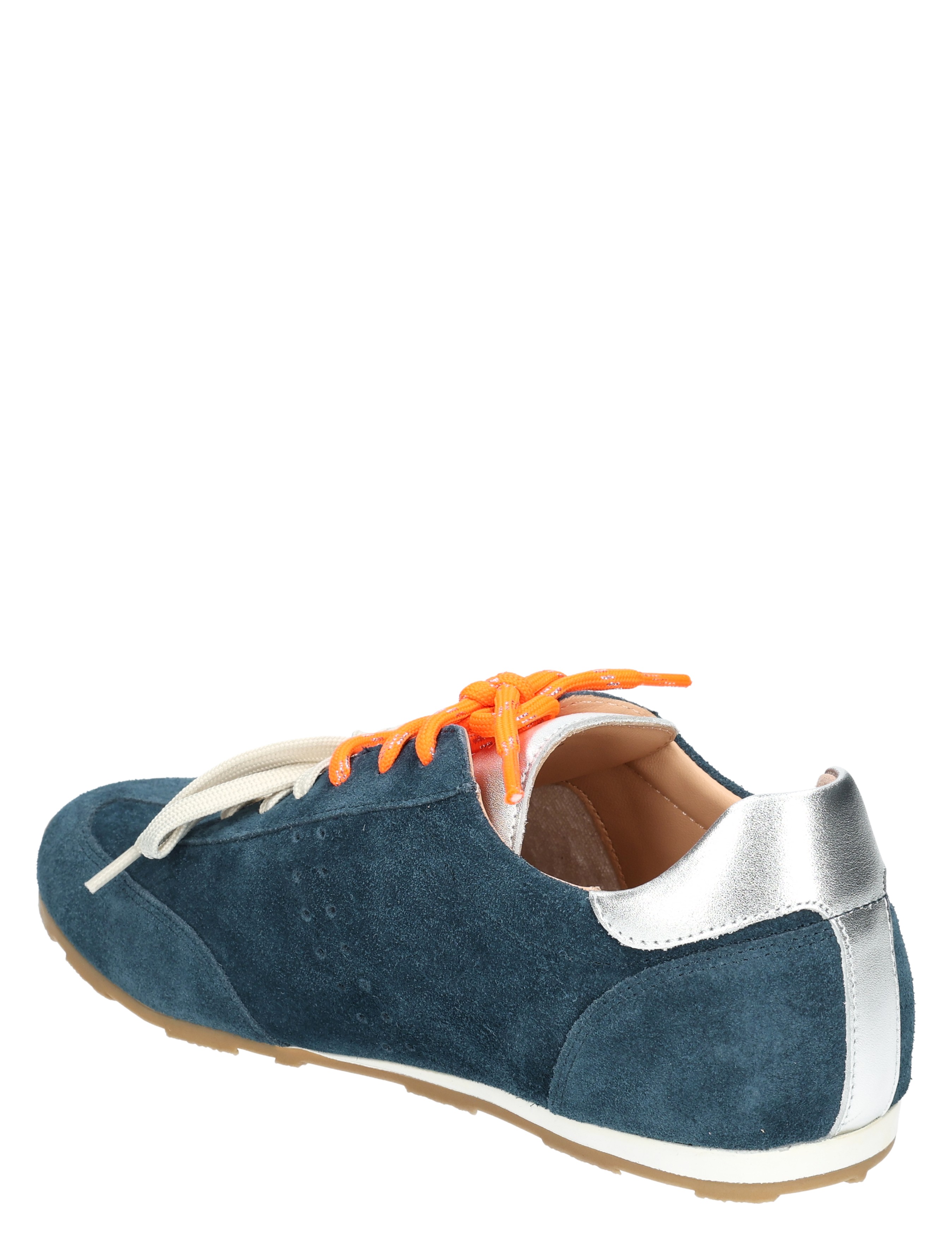 suède, plateausneaker, blauw, oranje veters, zilveren hiel