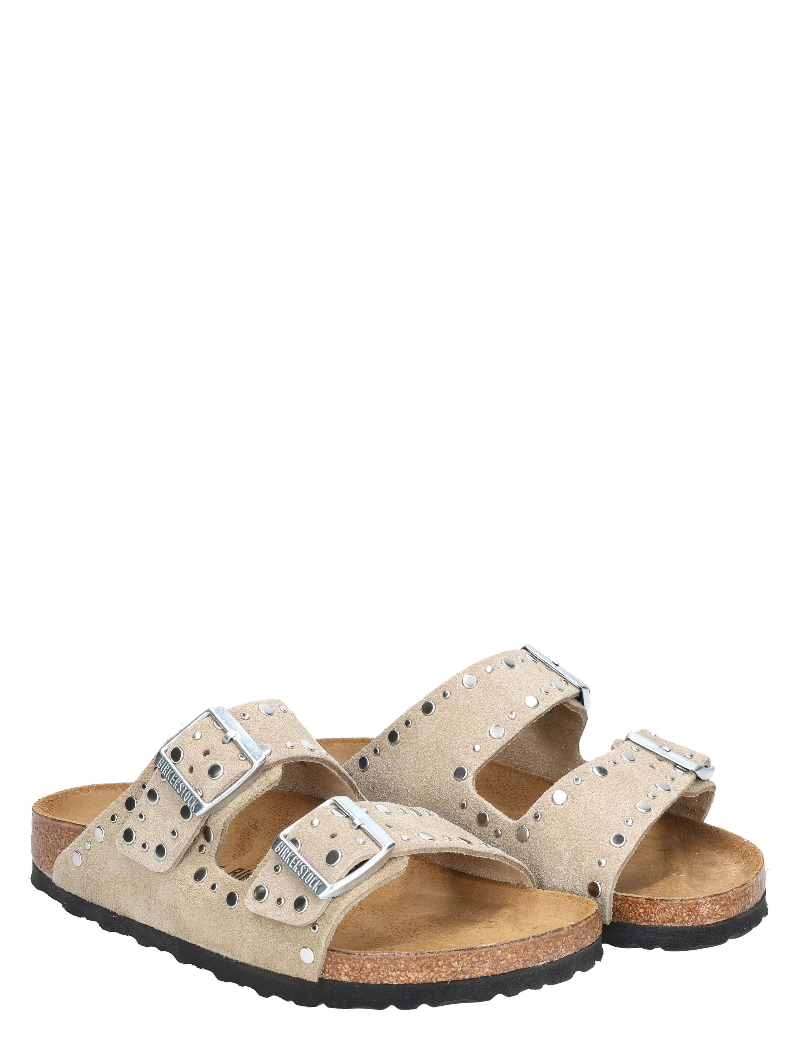 sandals, studded sandals, two-strap, beige, cork sole