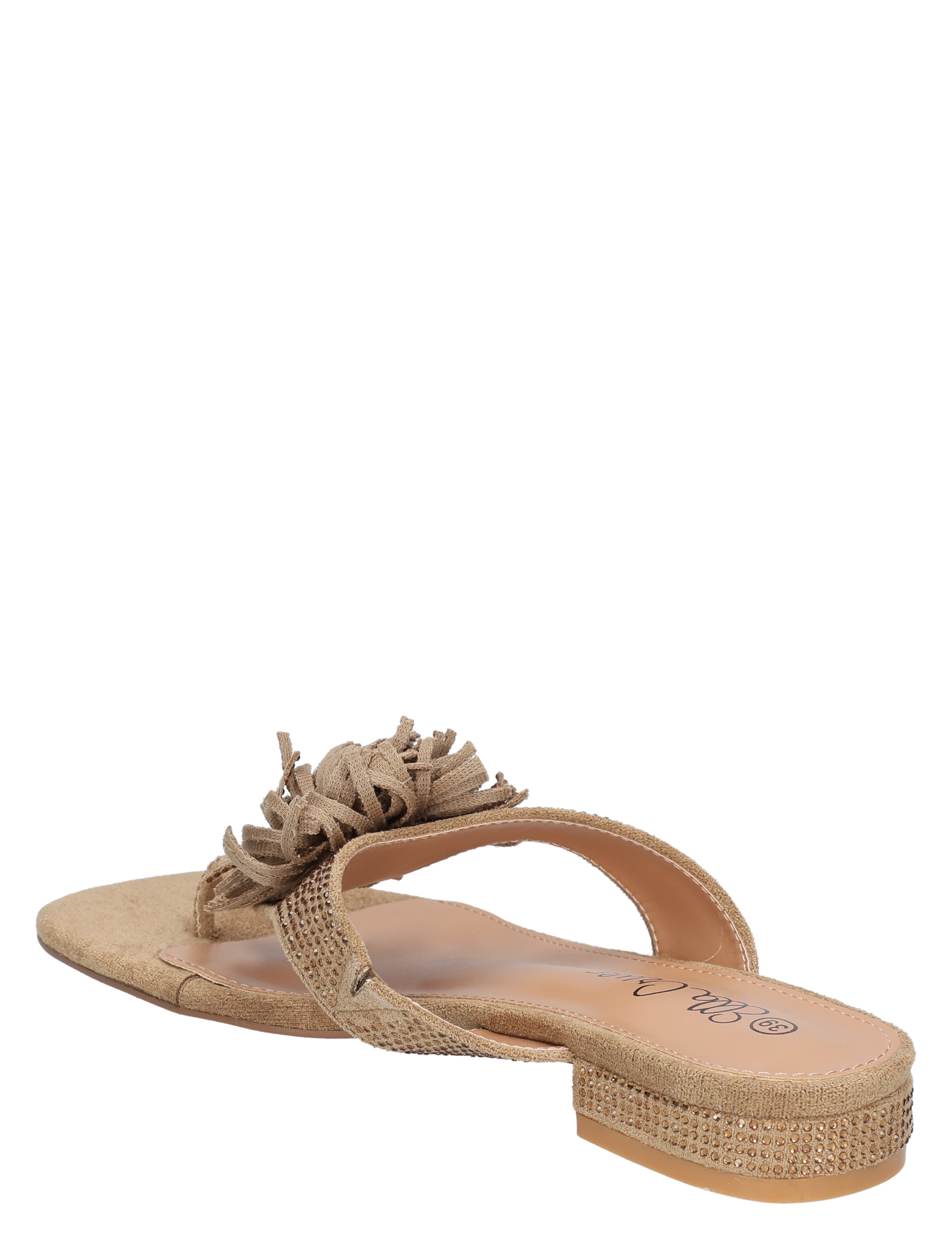 zandkleur, slippers, franje, spikehalsband, rubberzool