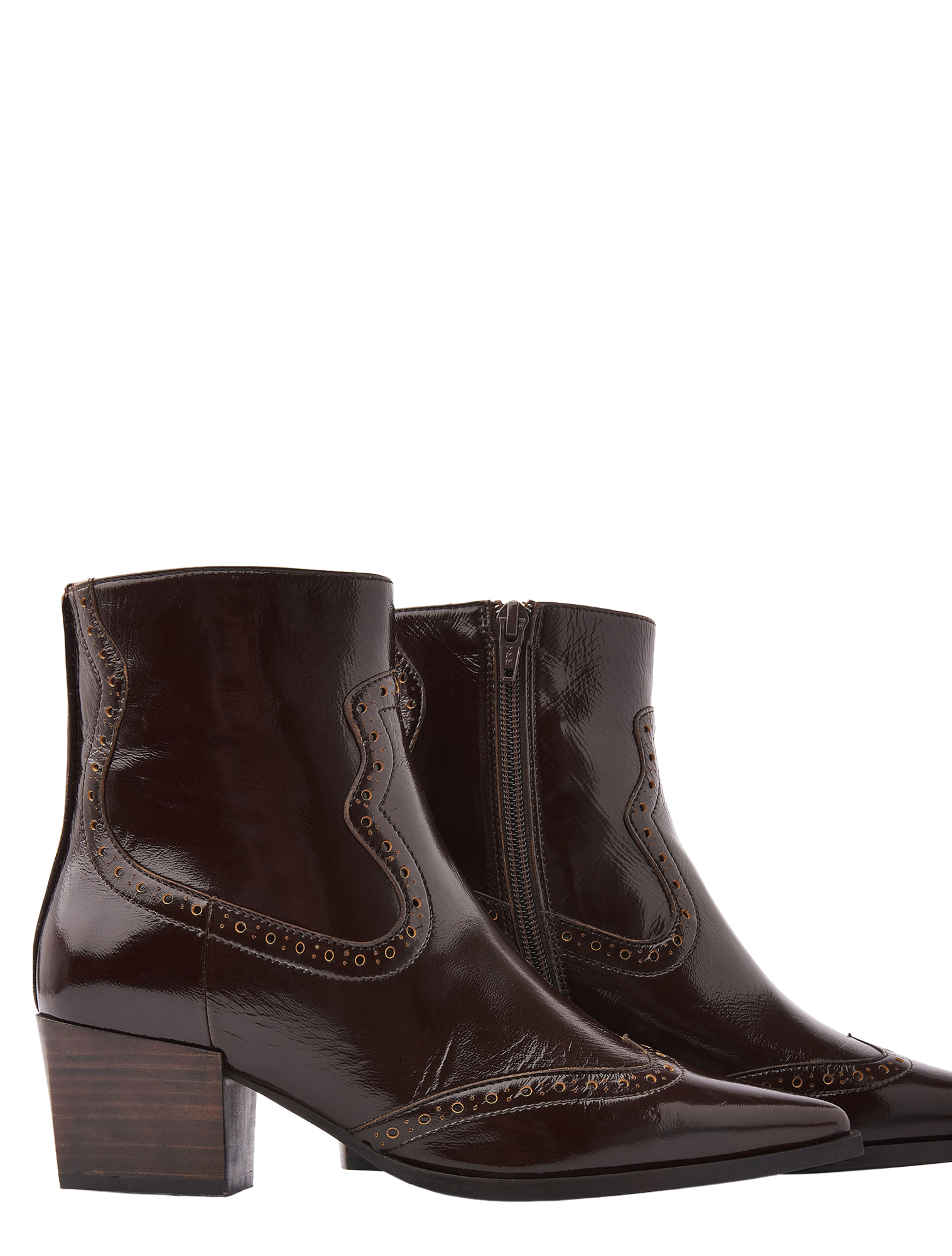 ankle boots, glossy leather, bruin, stikdetail, blokhak
