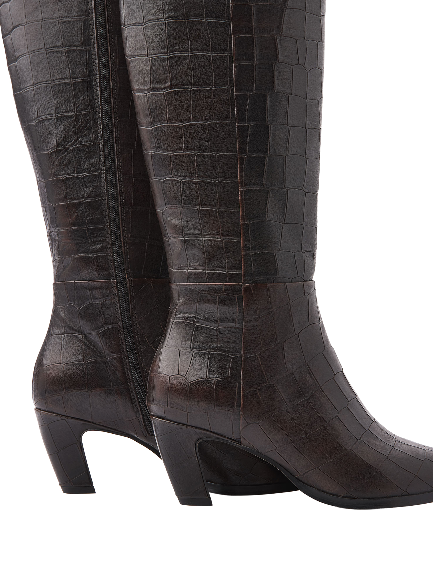 kniehoge, laarzen, krokodillenleer, zwarte boots, rits