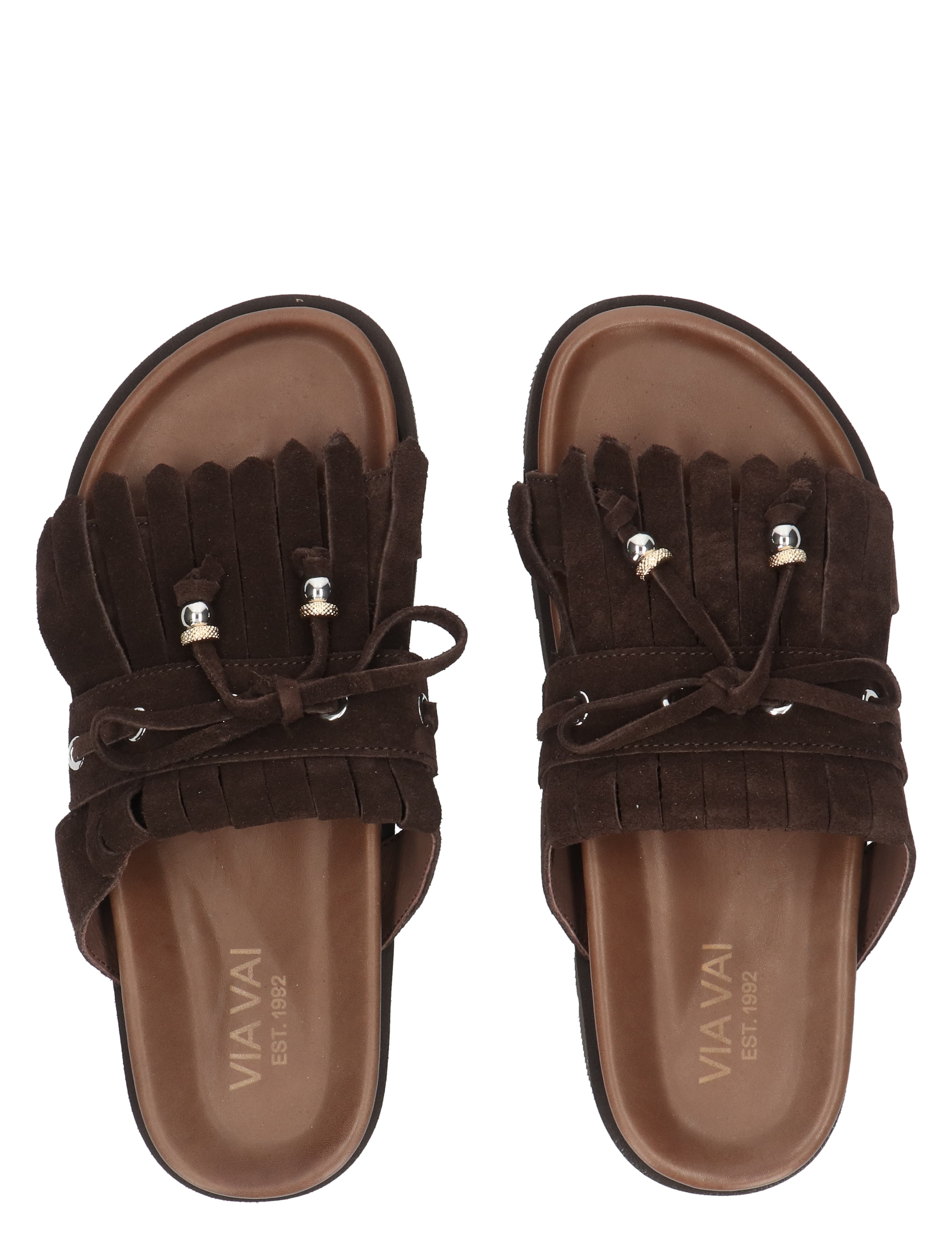 sandalen, slippers, bruine suede, trand-lintels, model met franjes