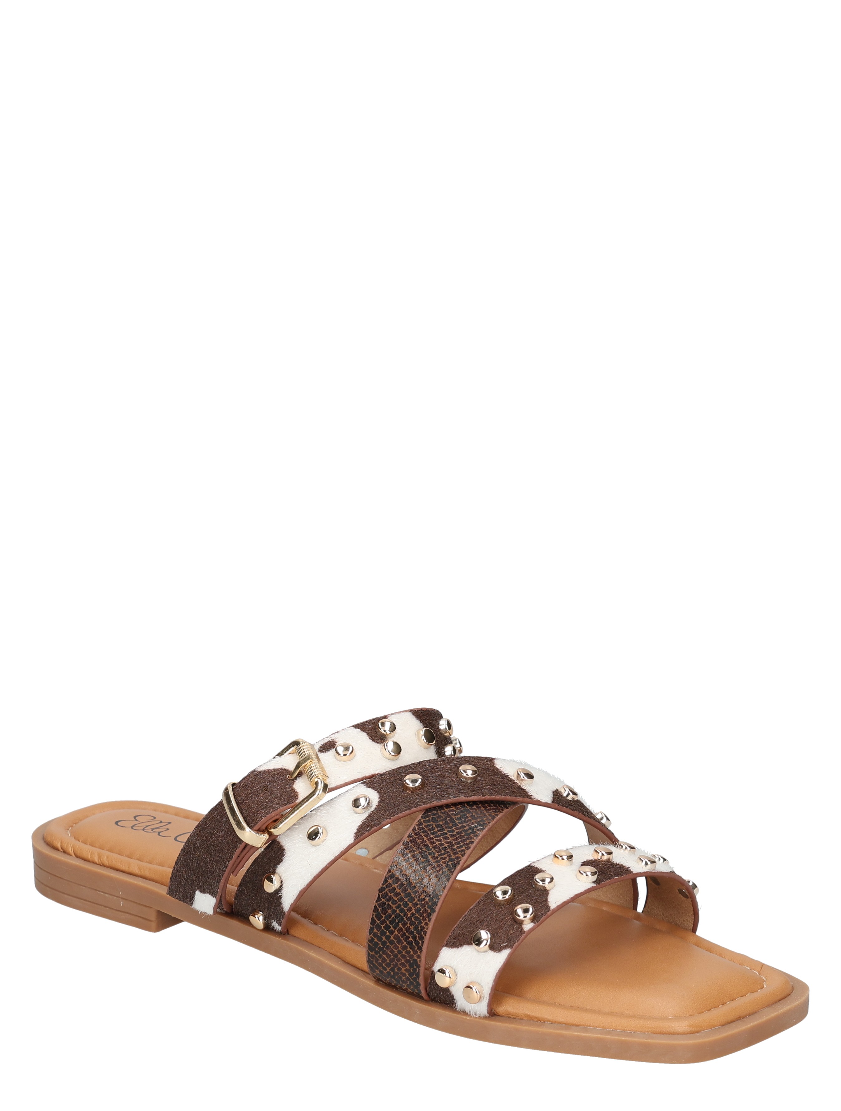 sandaal, plat, riempjes, leer, klinknagels