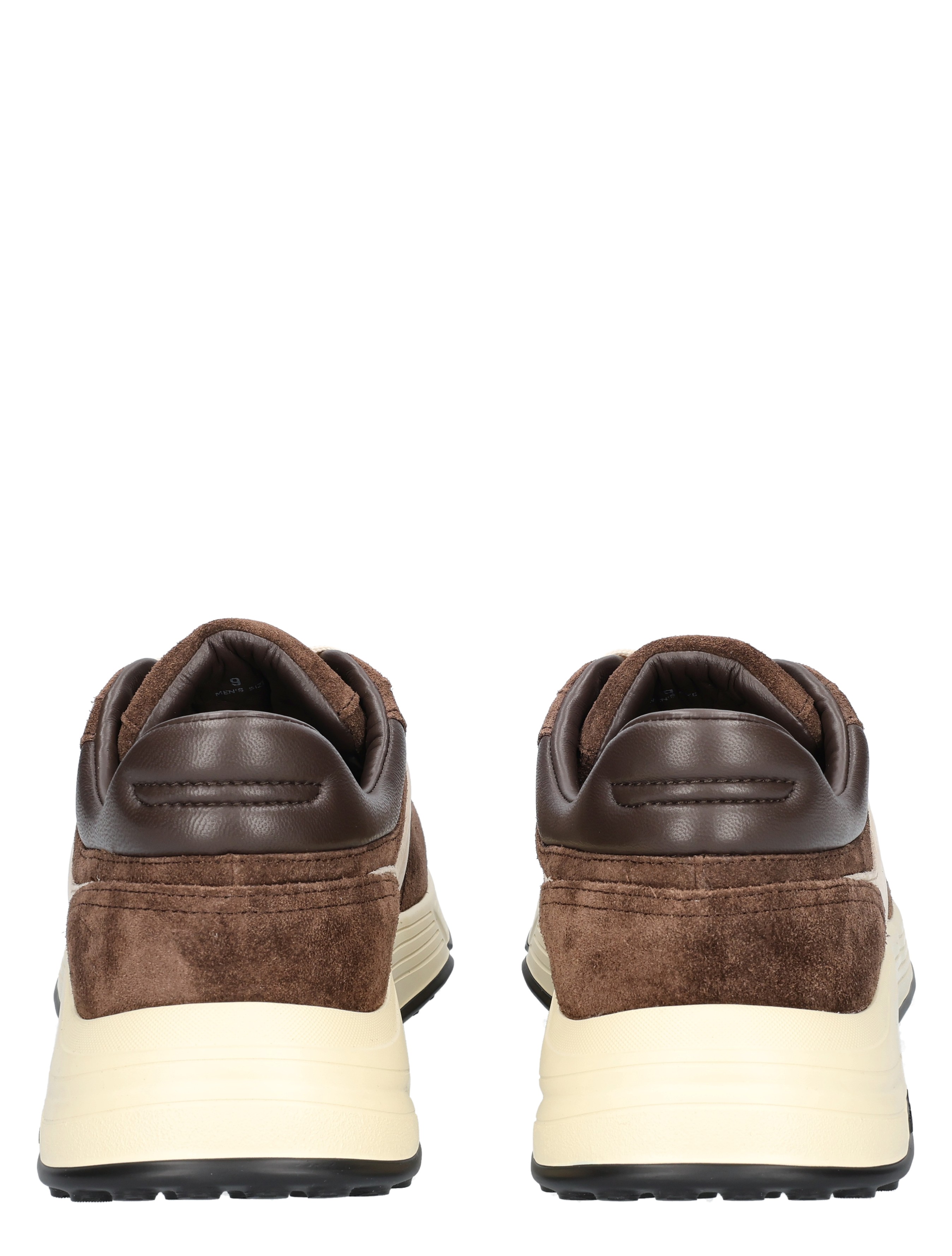 sneakers, bruin suède, crème zool, achterkant, casual schoen
