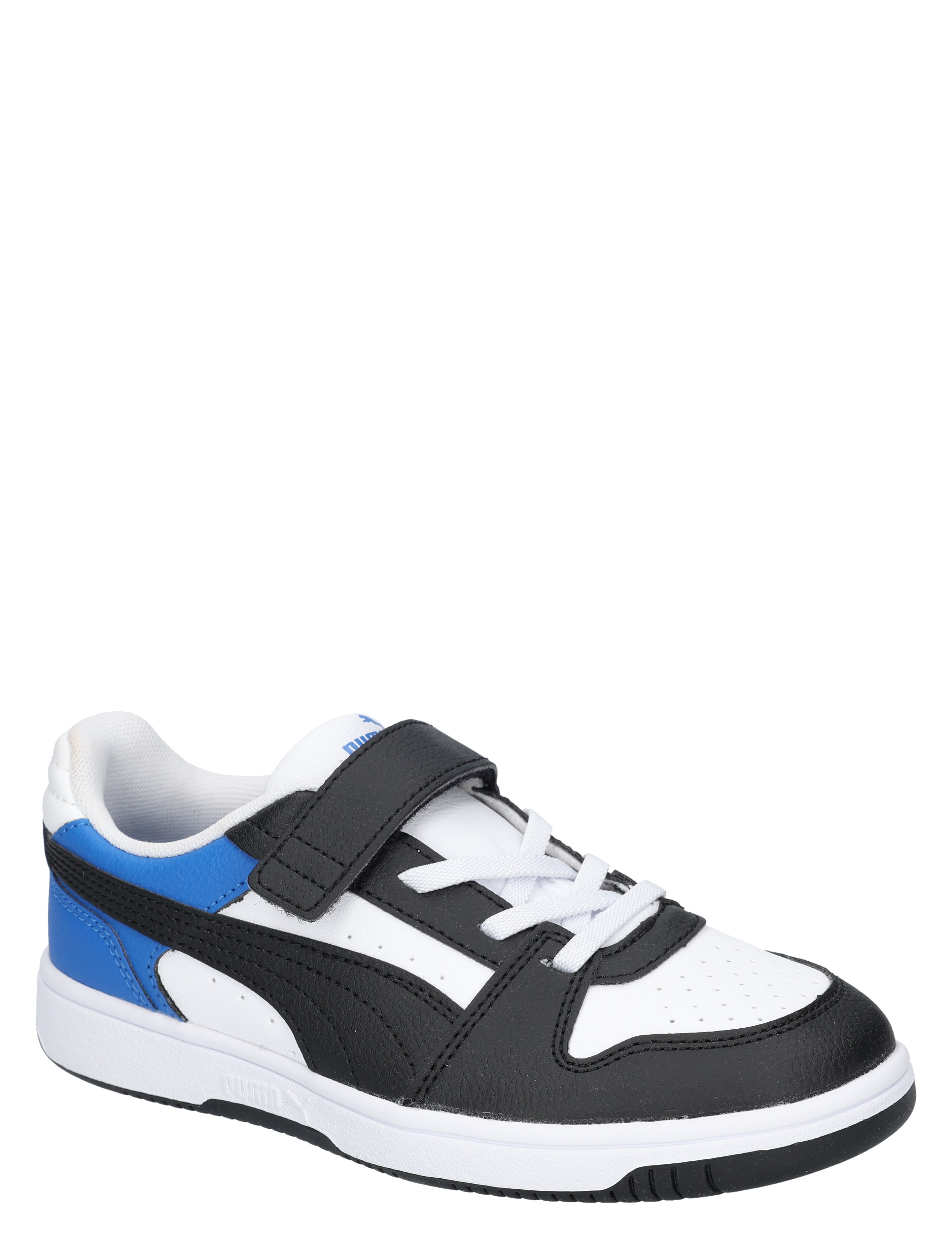 sneaker, sportshoe, blauwe accenten, riemsluiting, witte zool
