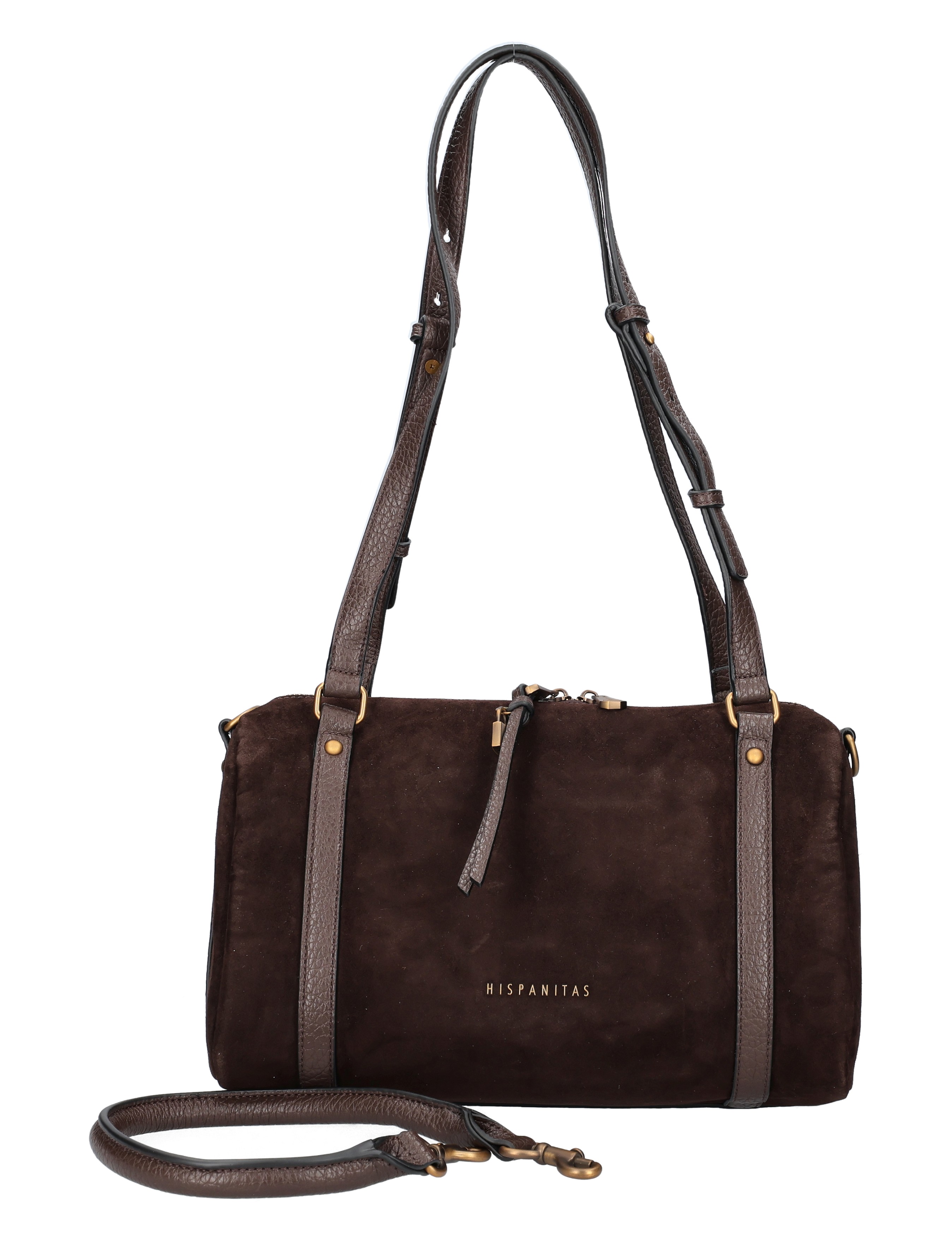 woman bag, shoulder bag, brown suede, two-tone, gold hardware