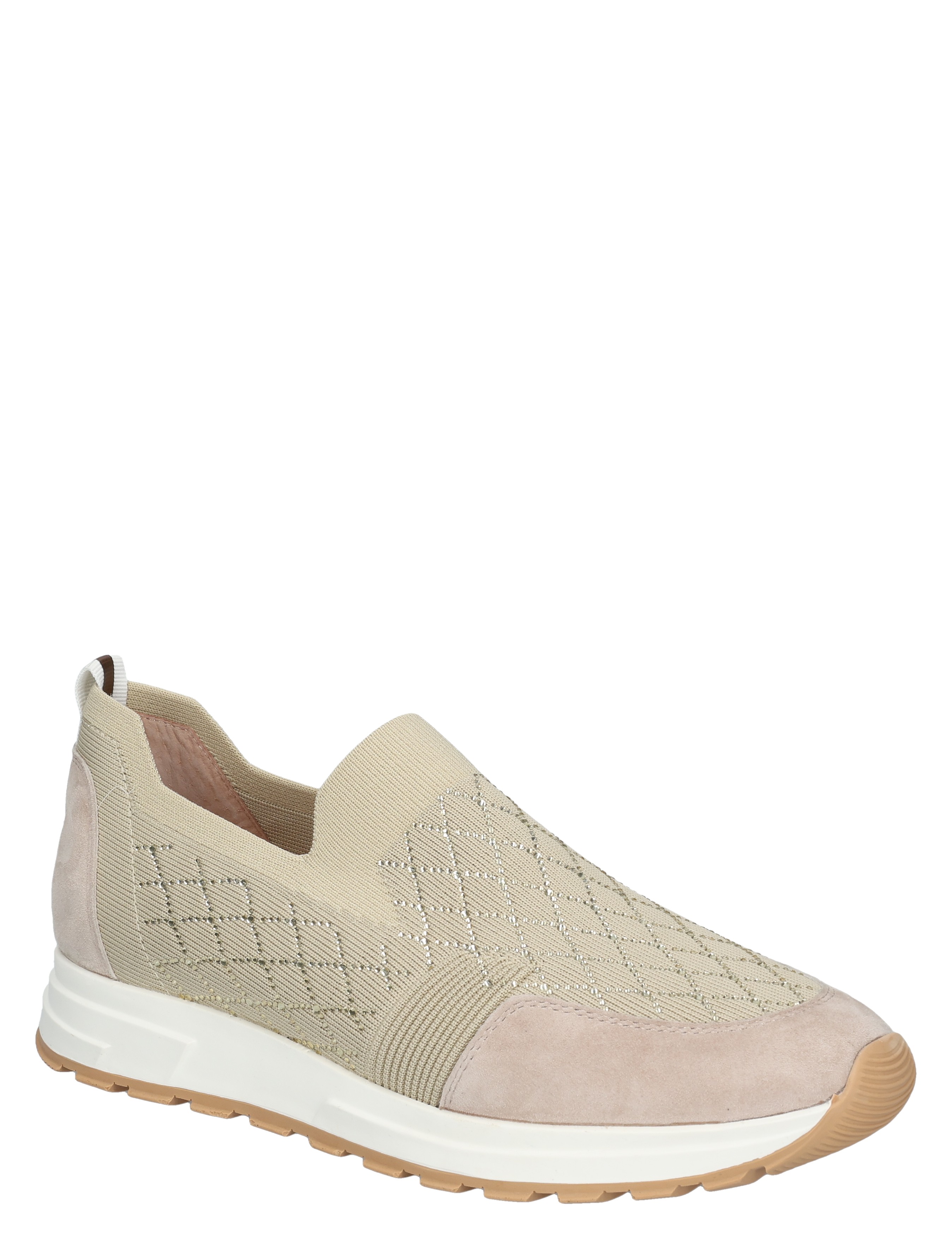 sneaker, slip-on, beige, patroon geweven, suède accenten, slip-on, beige, knit, stone, sole