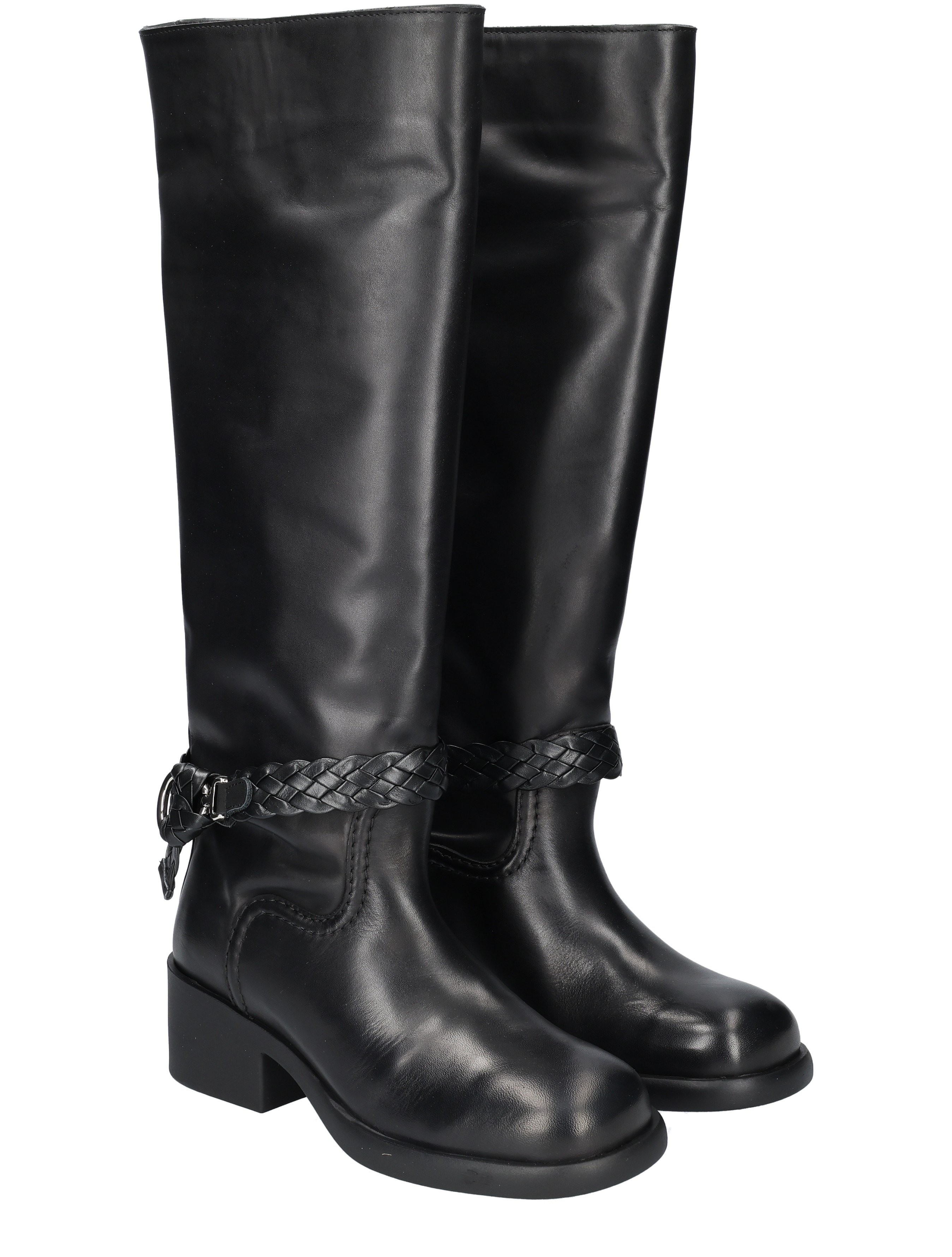 kniehoge laarzen, zwarte boots, leer, riemdetail, matglans zwart