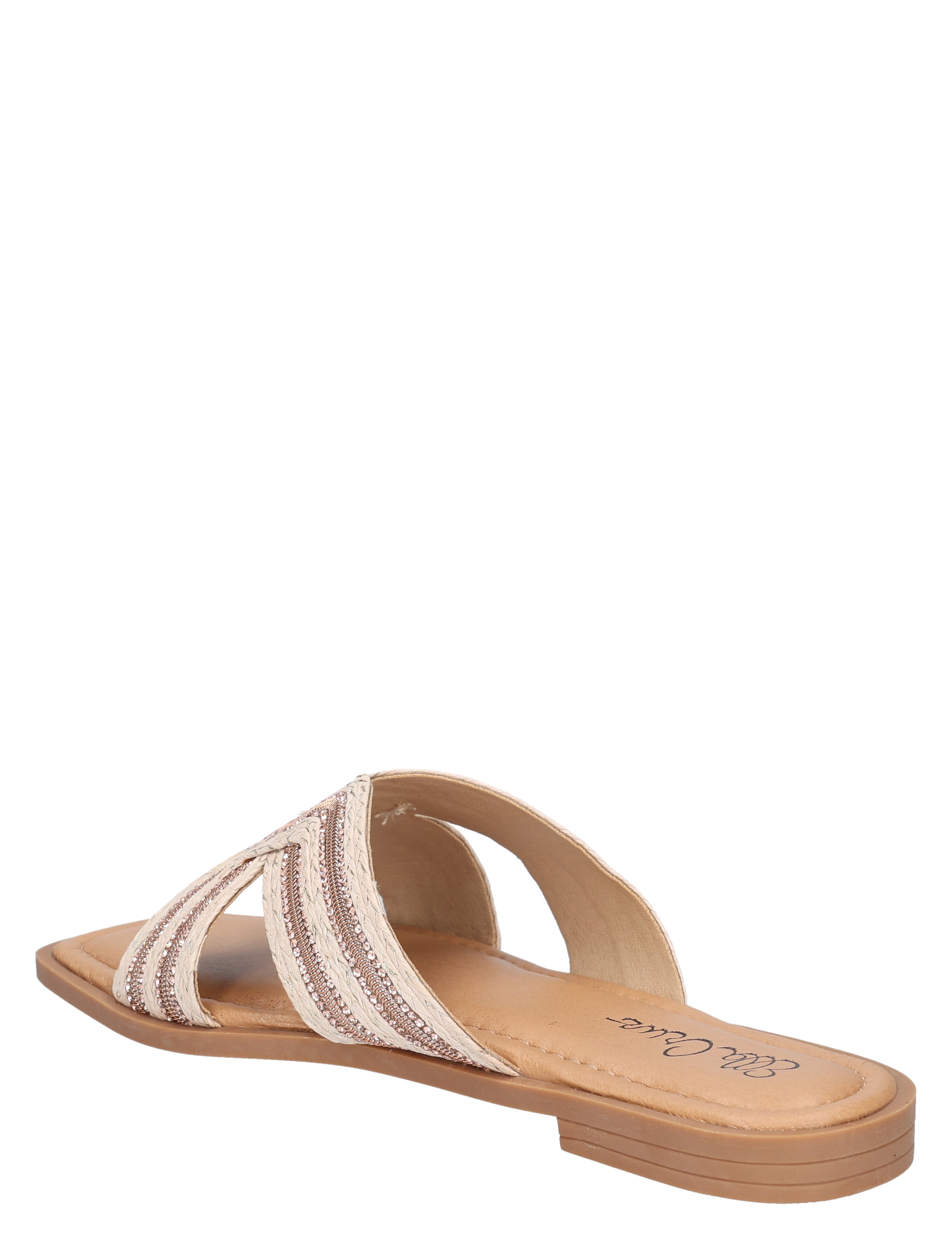 slipper, sandalen, gedeeltelijk open, band met strepen, lederzool