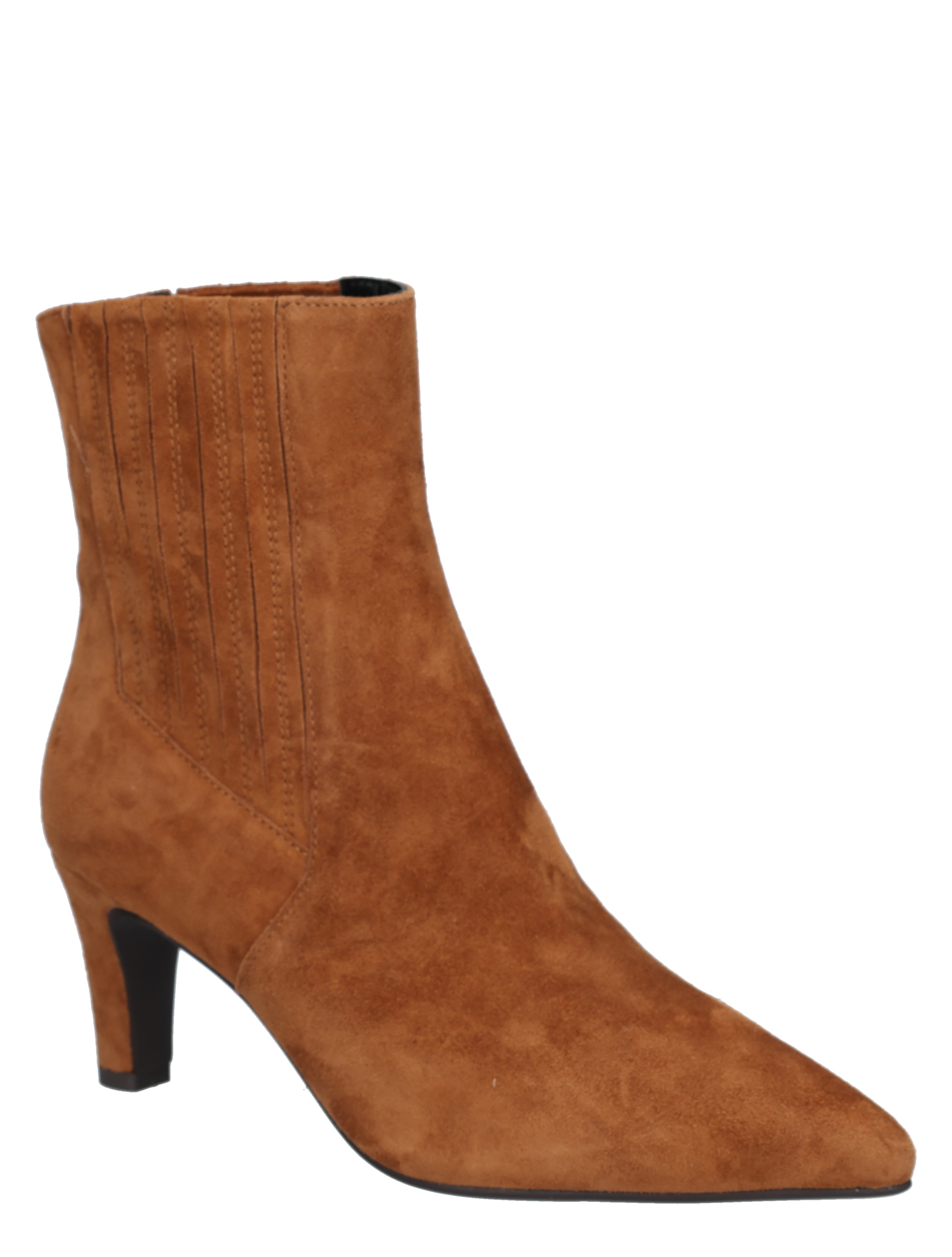 ankleboot, middelhooghak, suede, bruin, stikdetail