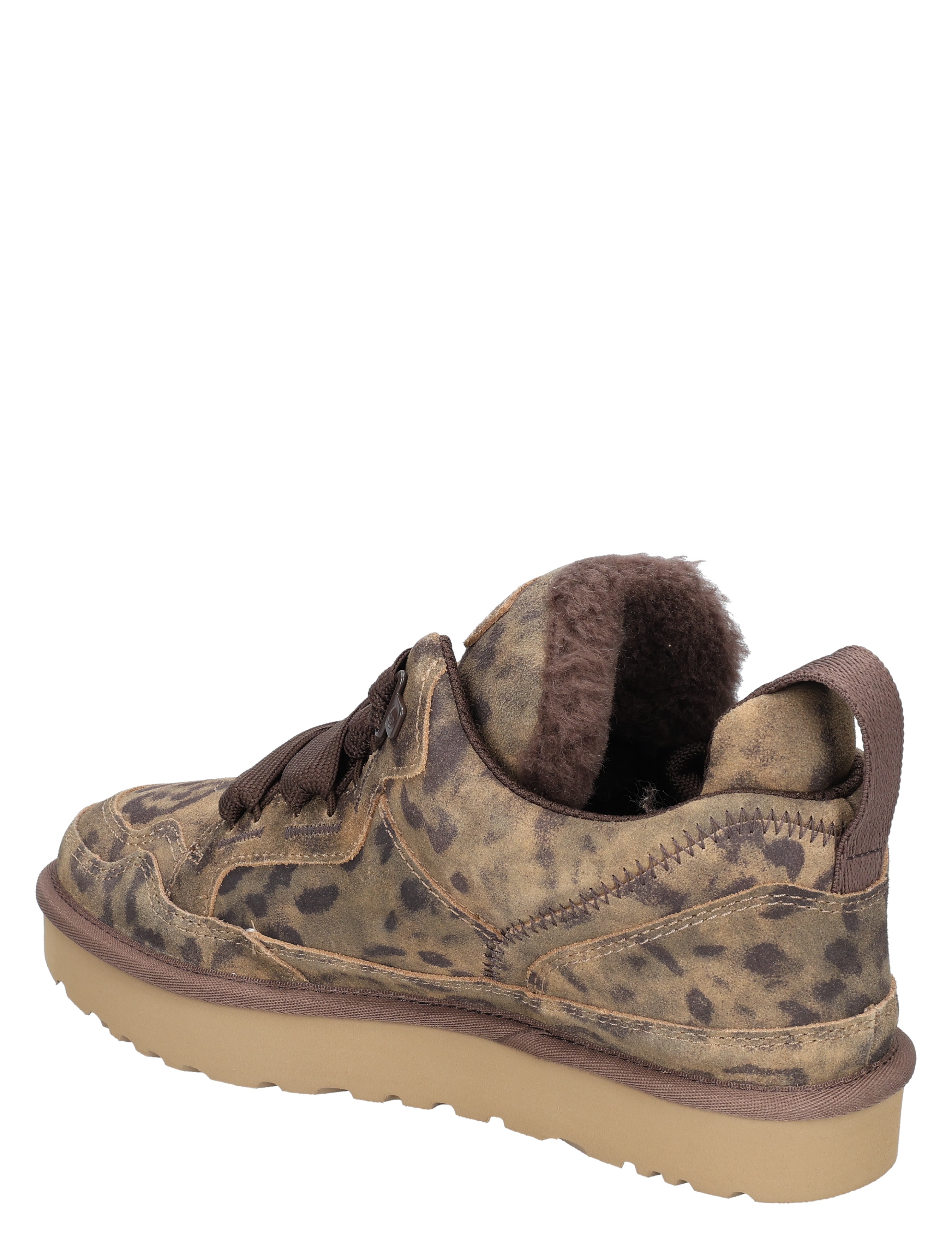 sneaker, luipaardprint, suède, bruine veters, rubberen zool