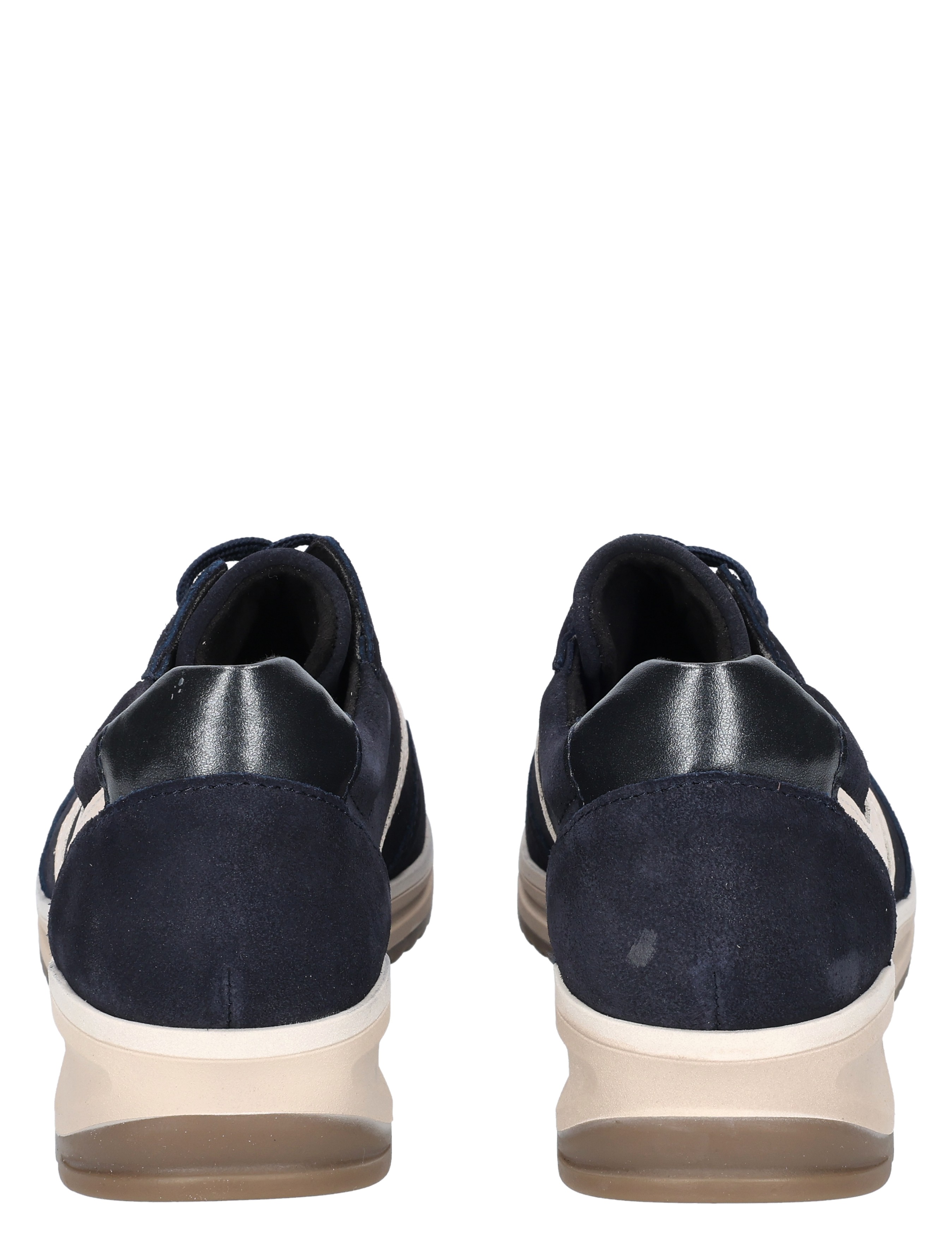 navy sneakers, suede heel, cream sole, low-top, back view