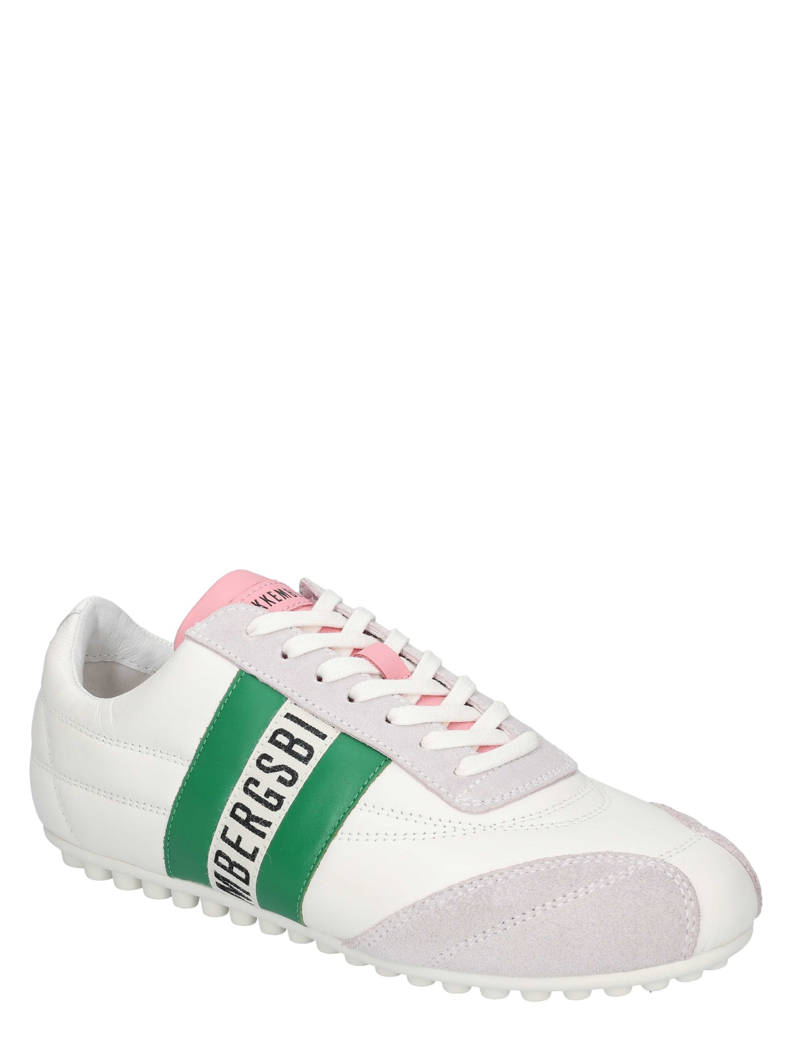 sneaker, witte schoen, groene band, roze accenten, luxe sportieve schoen
