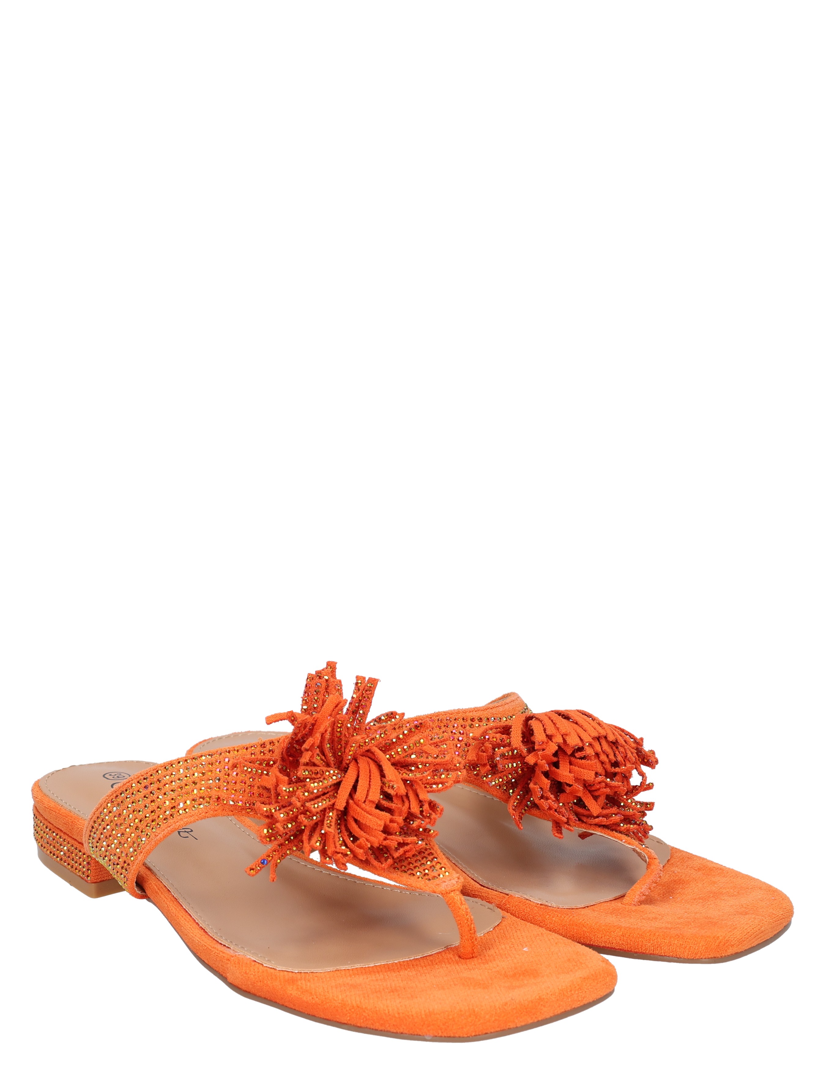 orange, sandalen, open hiel, pomponen, glitterriemels