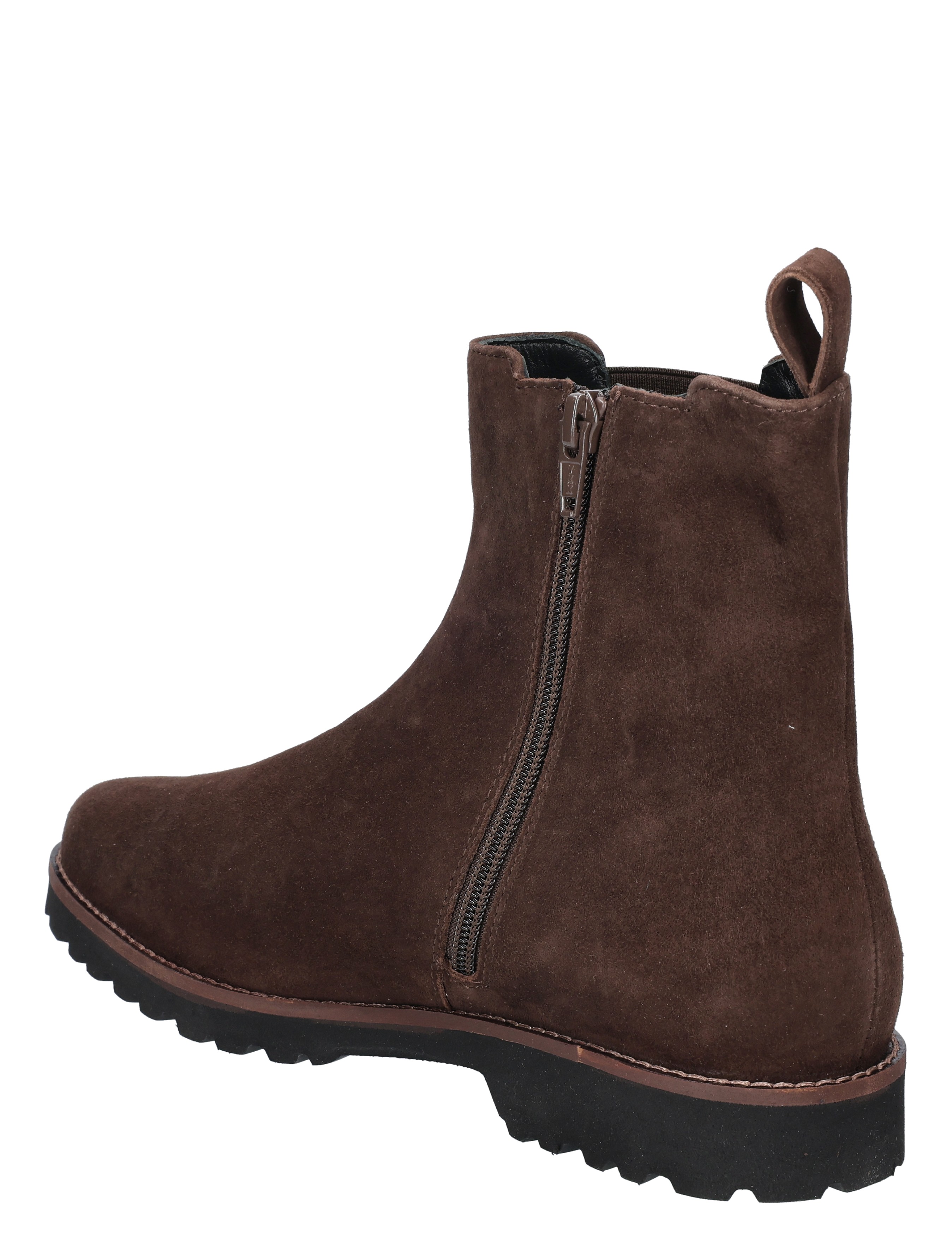 bruine, suède, enkele rits, ankle boot, zwarte zool