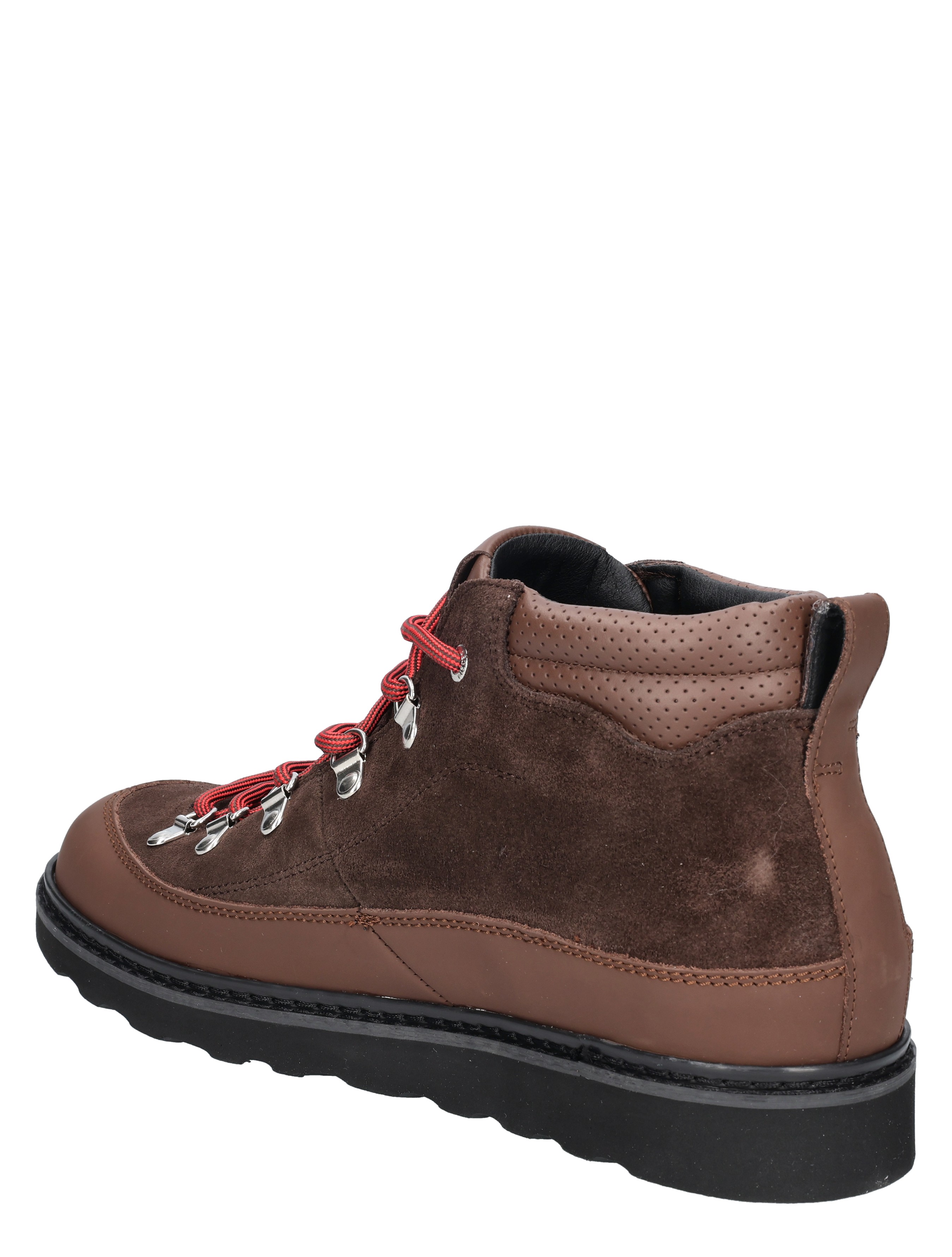 hiker boot, brown suede, leather trim, red laces, sturdy sole