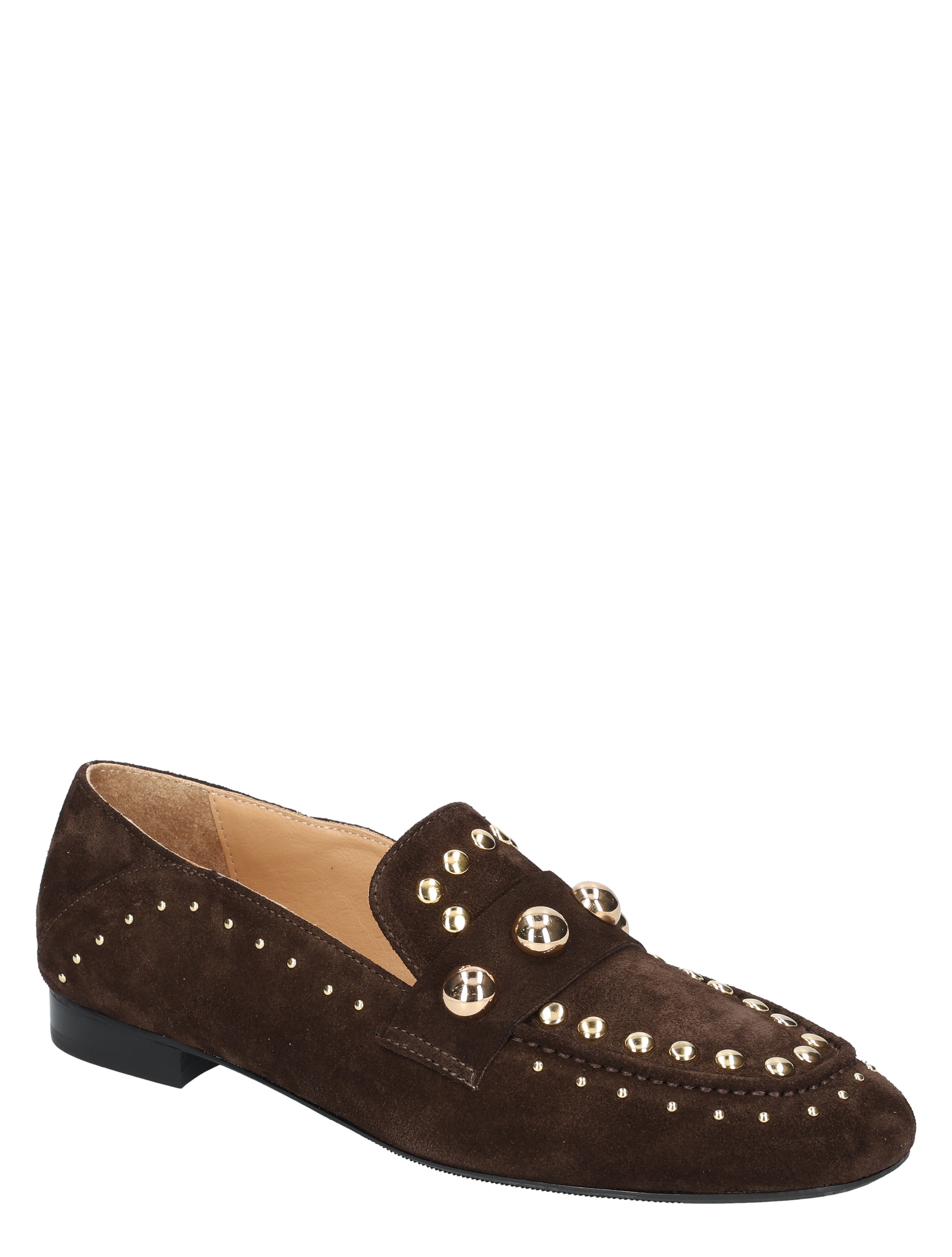 loafer, suède, bruin, gouden studs, dames schoen