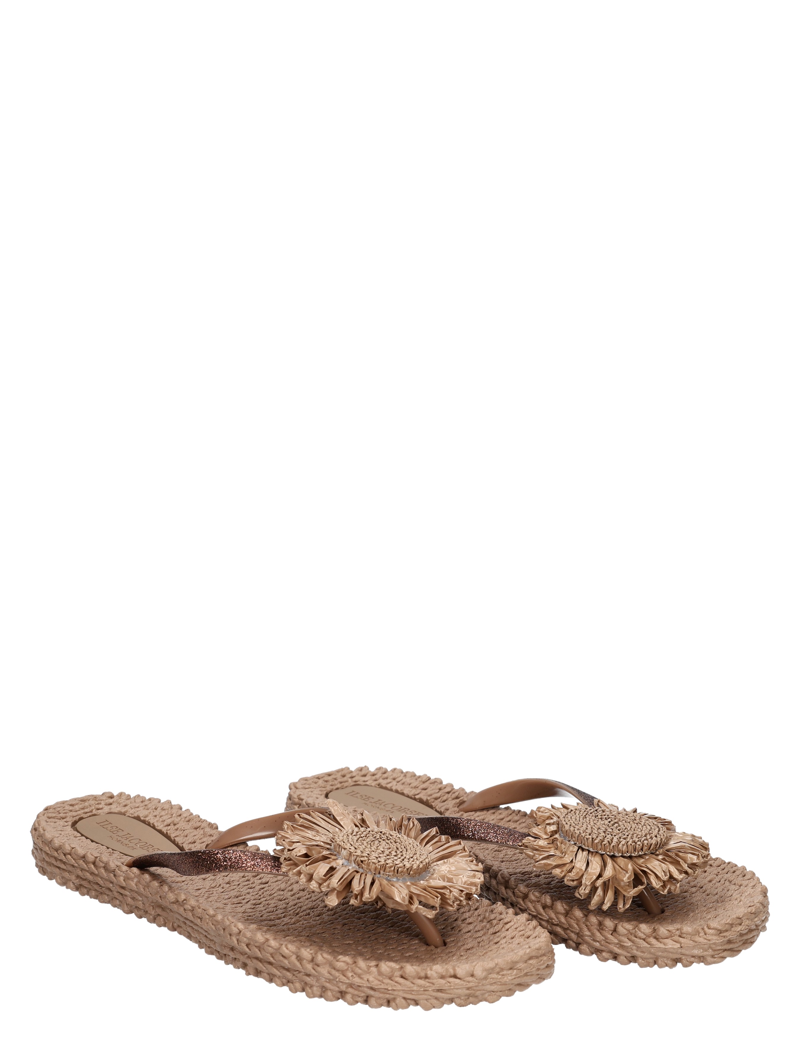 slippers, flip-flops, jute, floral embellishment, beige