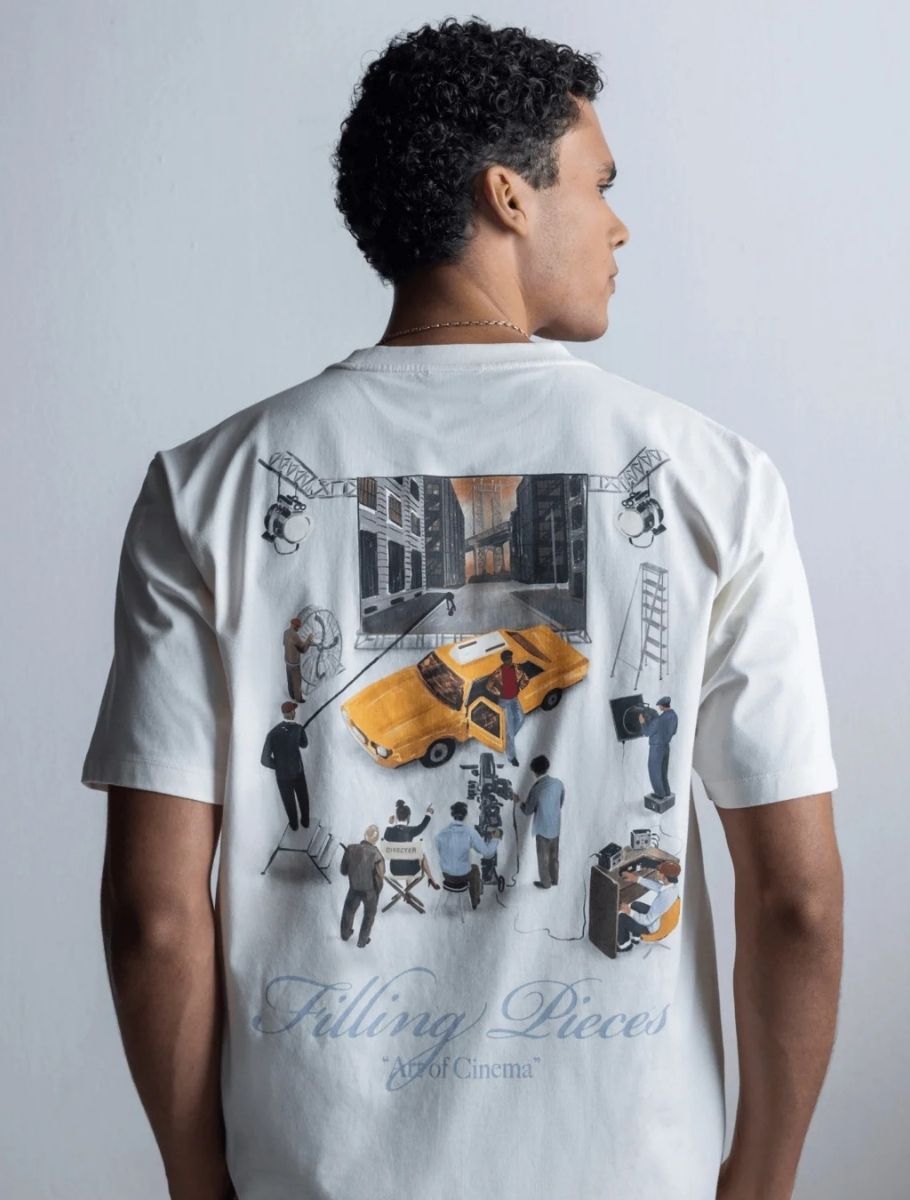 t-shirt, graphic, back, yellow car, film crew