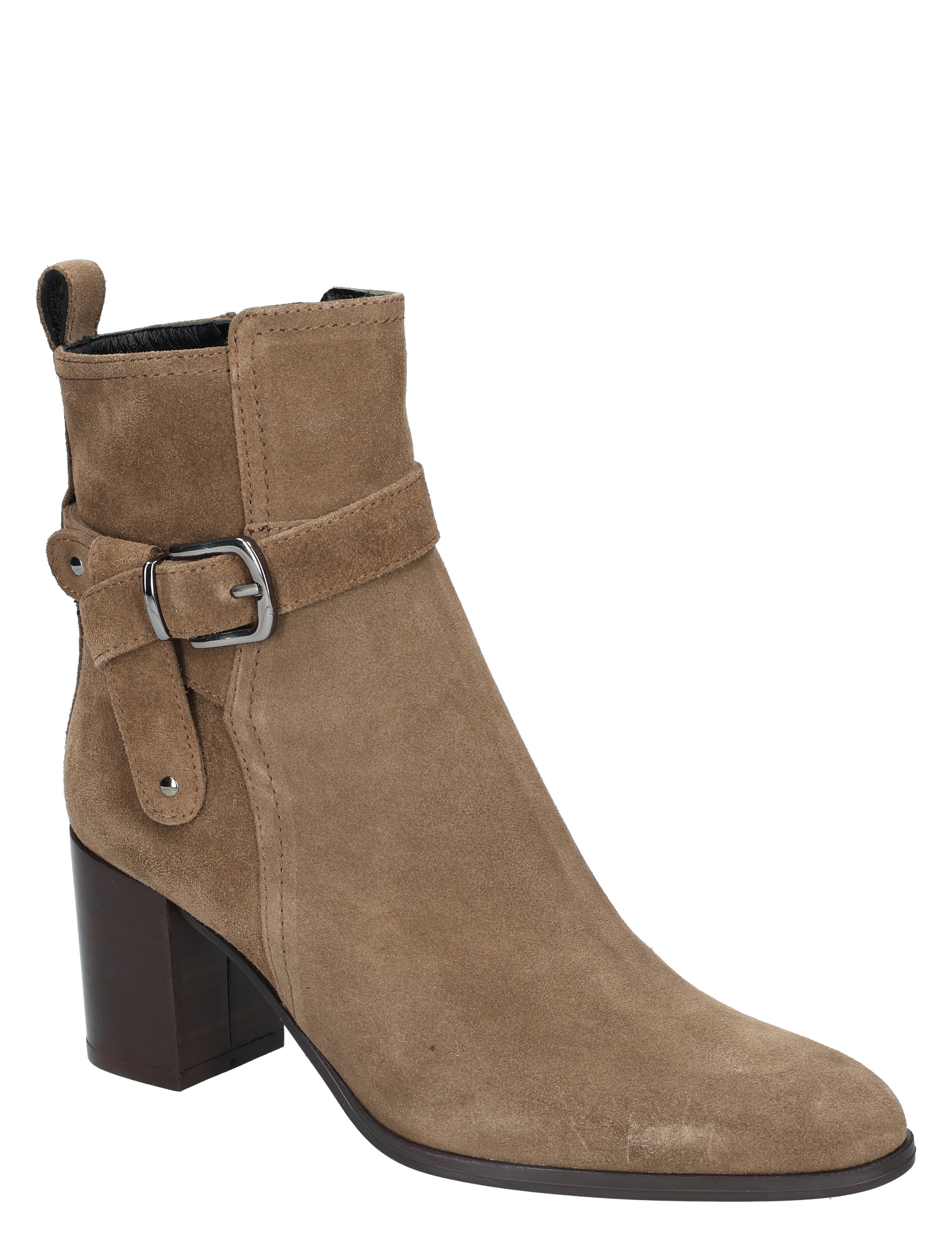 enkellaars, suede, taupe, riemsluiting, hak