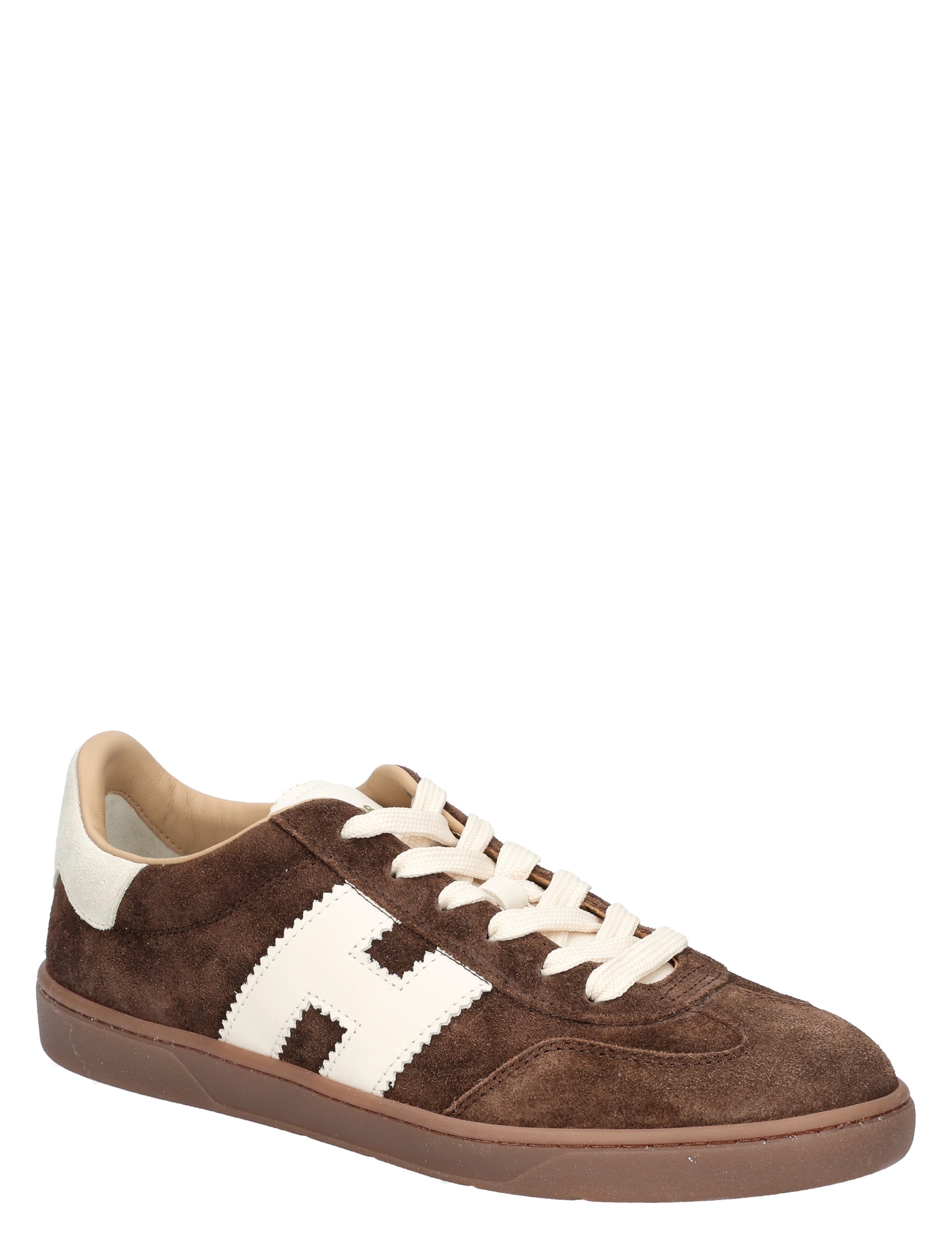 sneaker, bruine sneakers, suede, wit merklogo, casual schoen