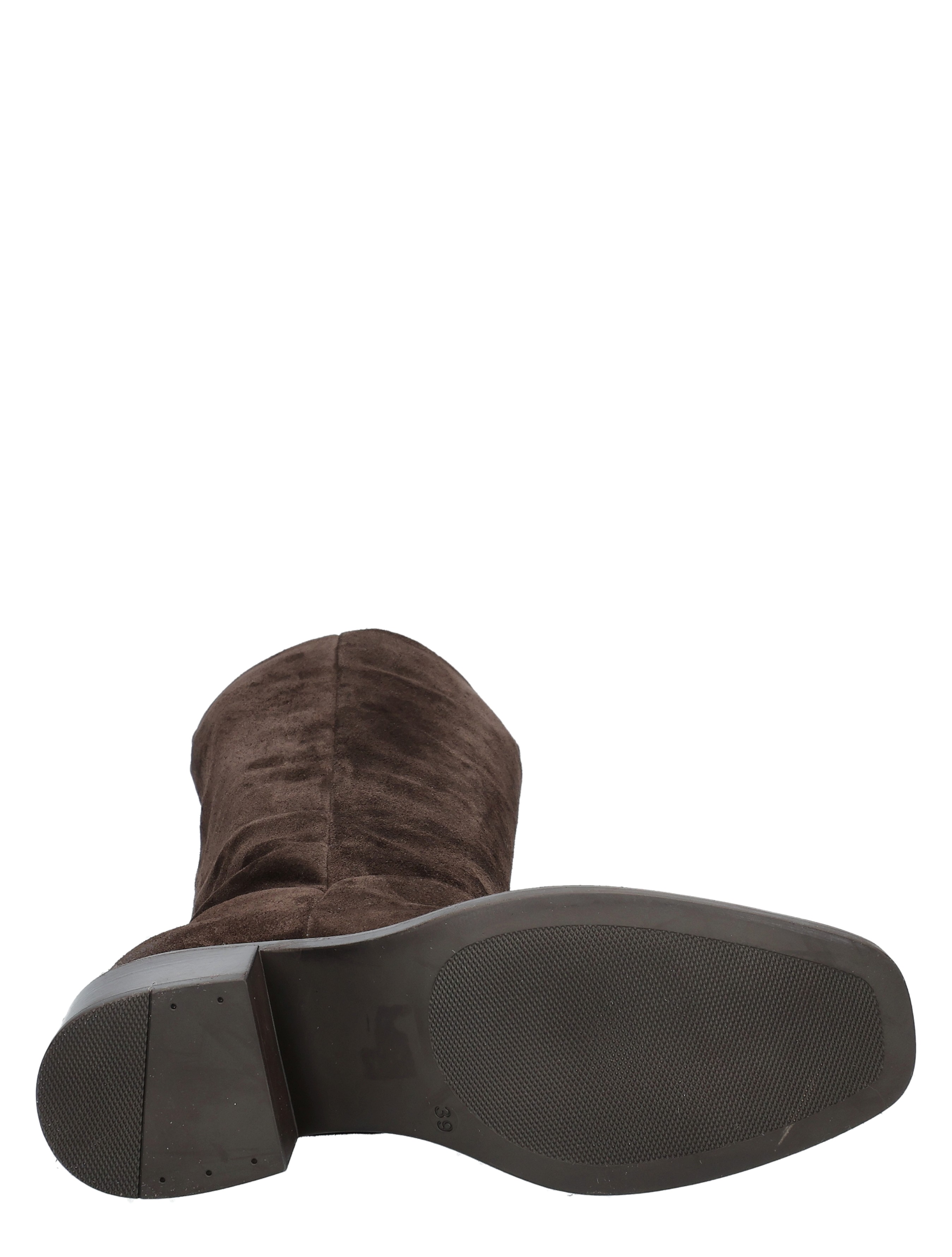 laars, bruin, suede, hoogtehak?, rubberen zool