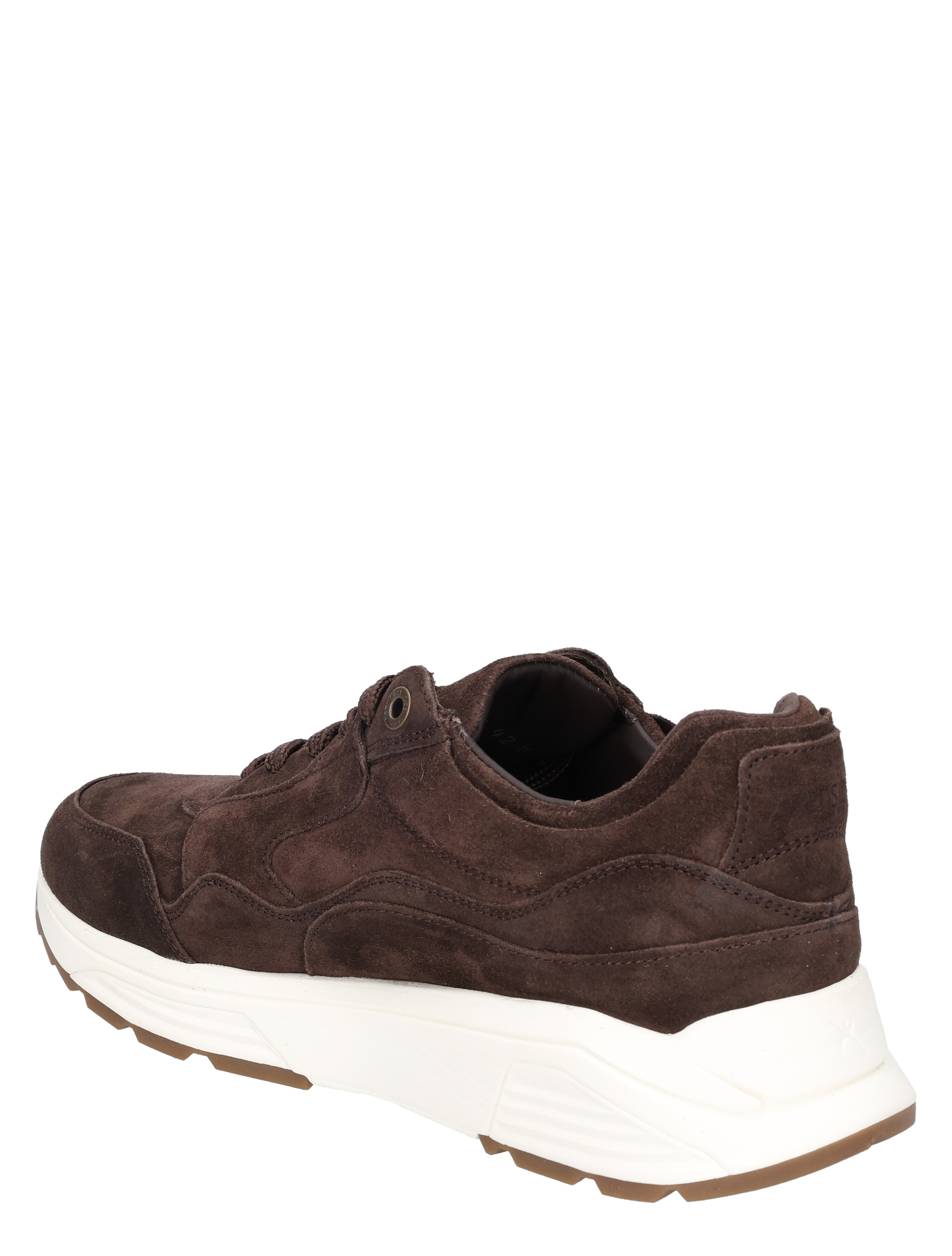 sneaker, donkerbruin, suede, witte zool, rubberzool