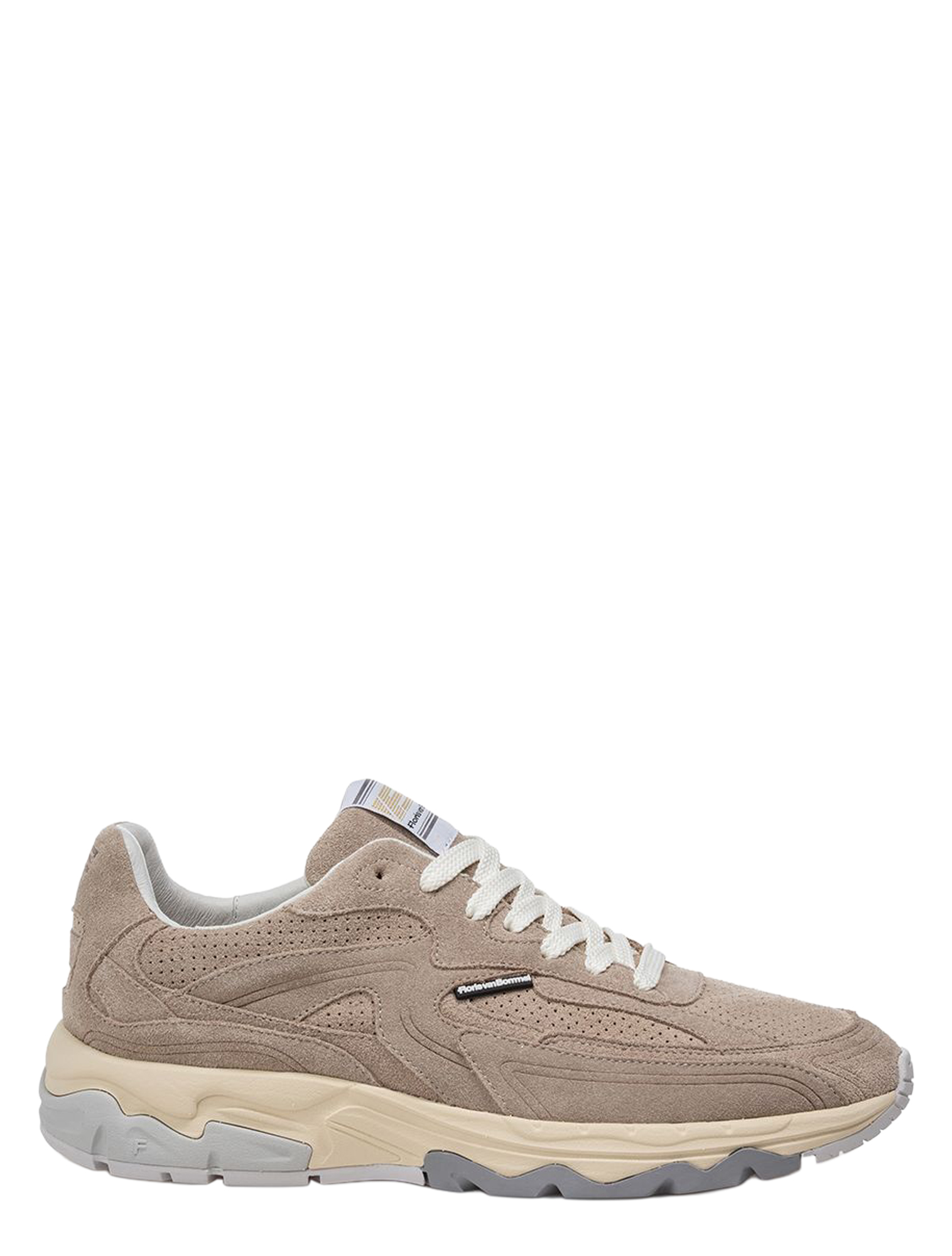 sneakers, taupe, suede, witte veters, gewichtige zool