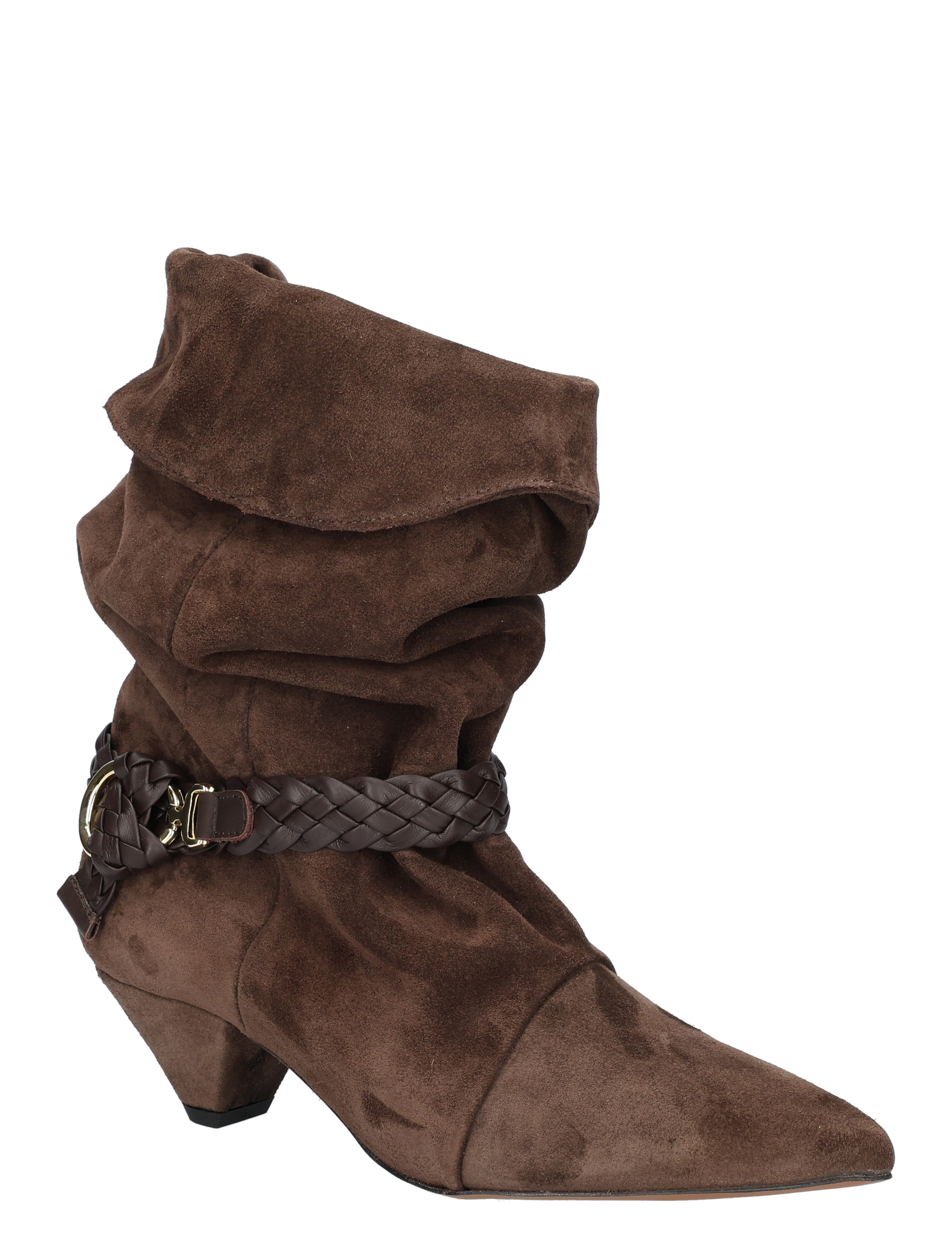 bruine schoenen, laarsje, suède, gekruiste riemband, hakken