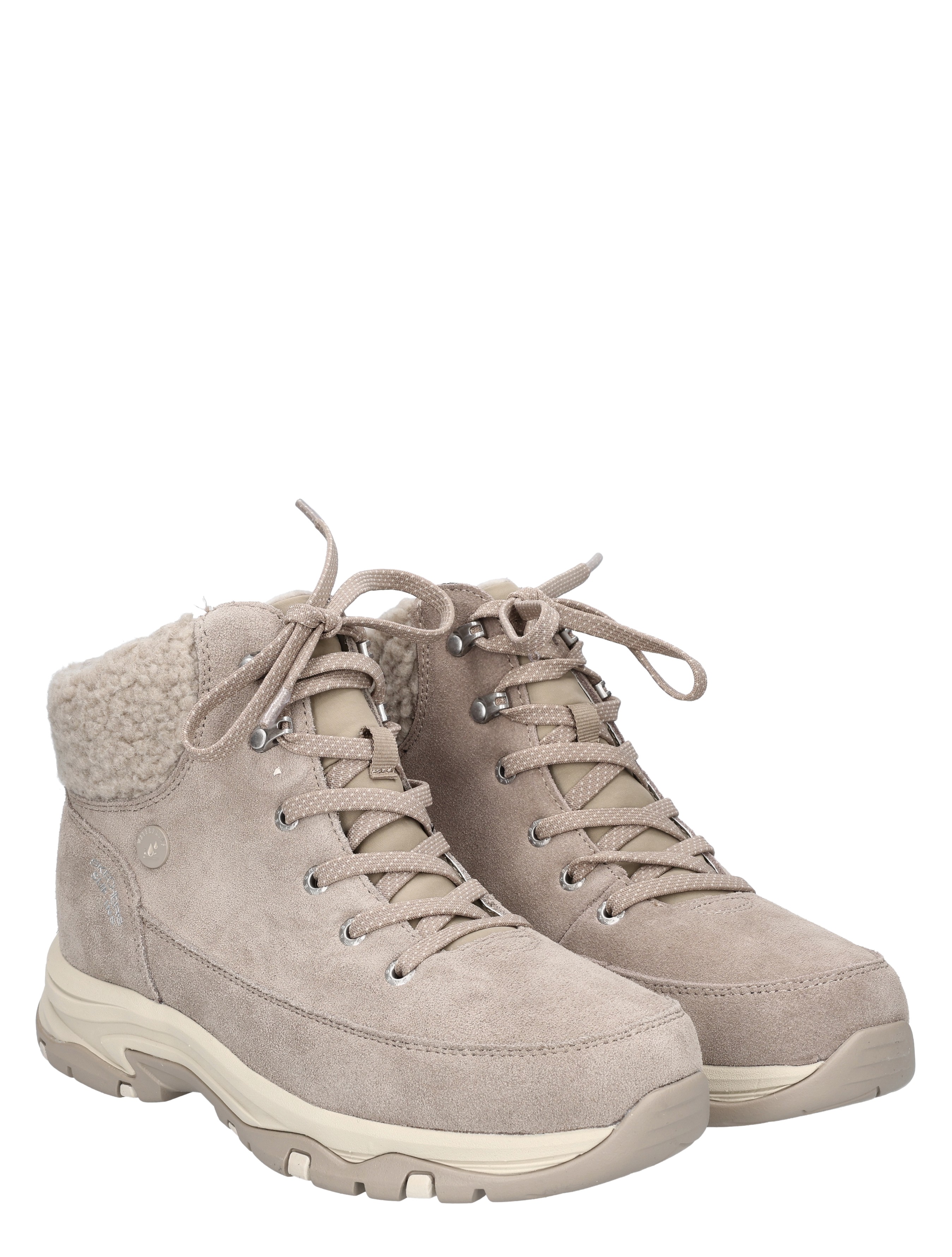 hoog model, luxe boots, suede leren, voering fleece, vachtkraag, neutraal beige, booties, hike boots, korte laarzen, sneaker-boot