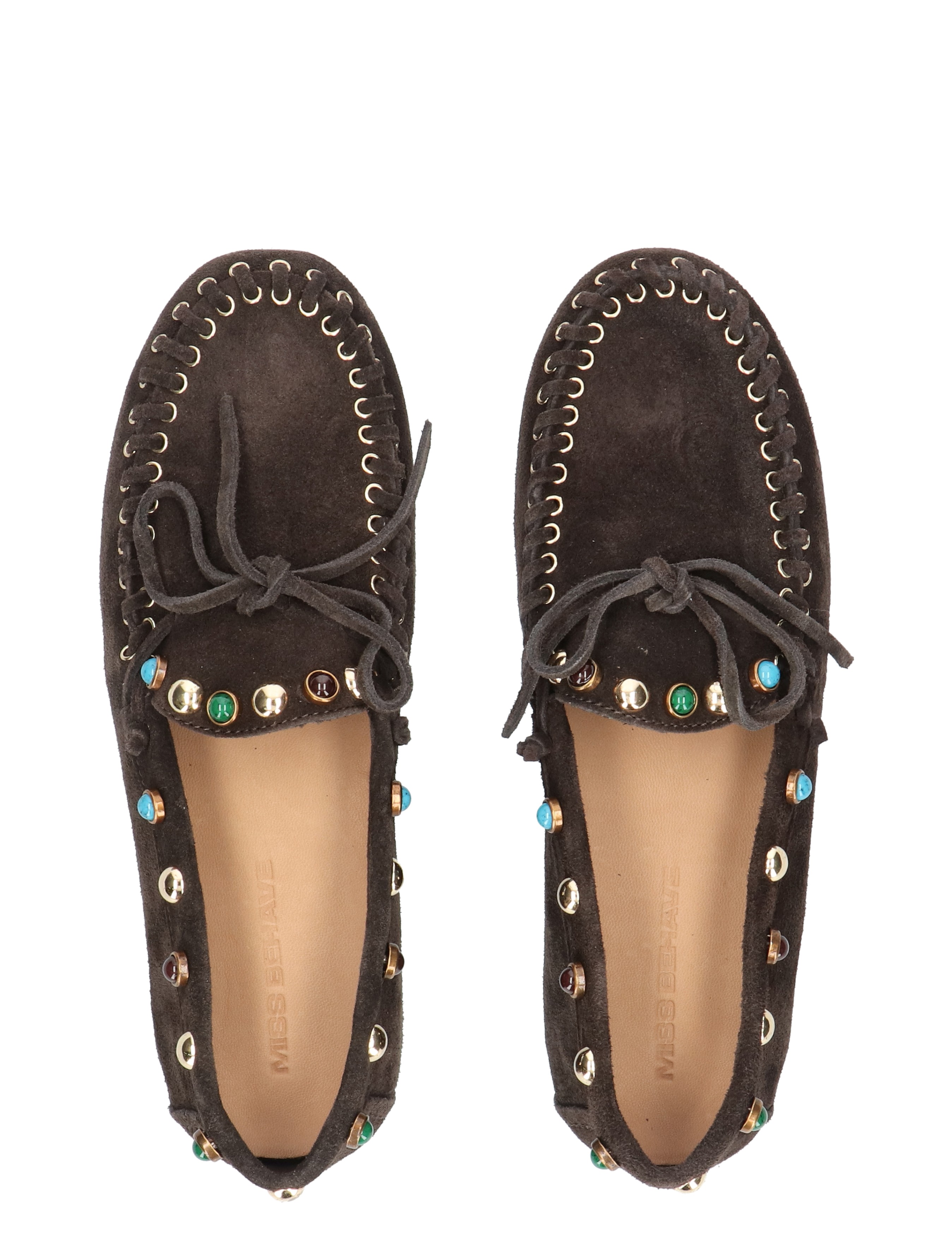 muilezel, mokassins, donkerbruin, metalen studs, vetersen detail