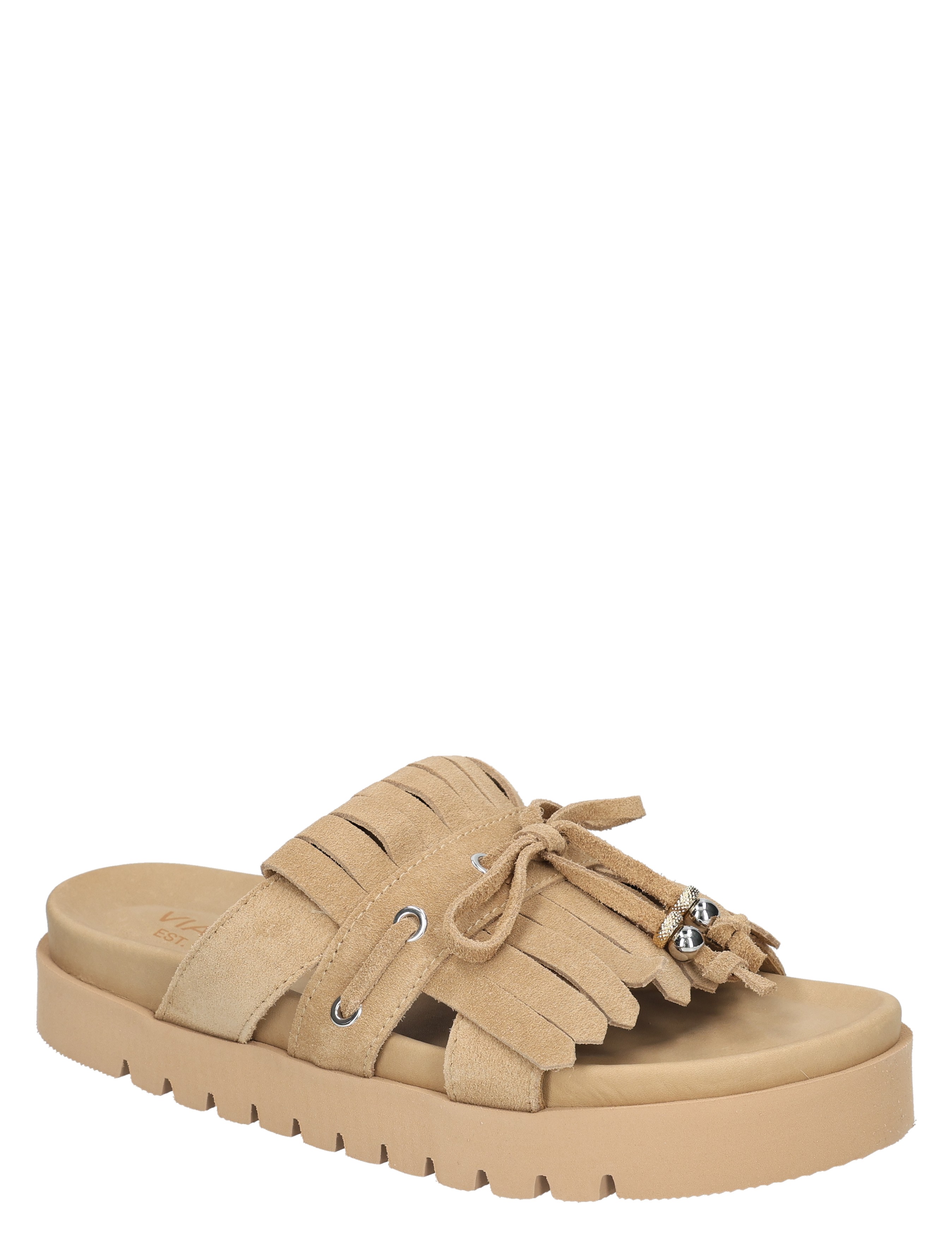 sandal, slipper, beige, fringe, platform