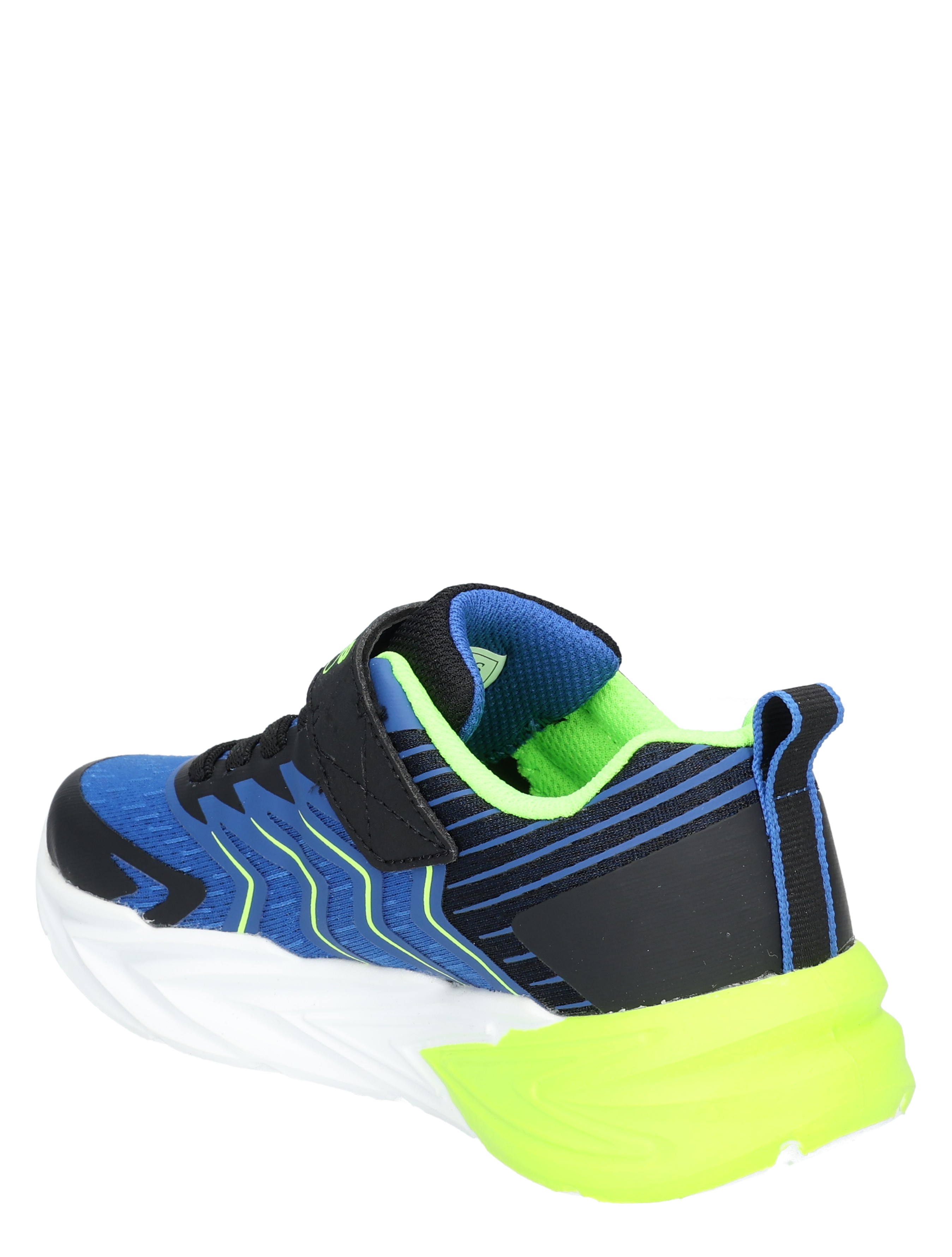 asfaltblauw sneaker, kinder schoen, mesh bovenwerk, neon accenten, trek lus