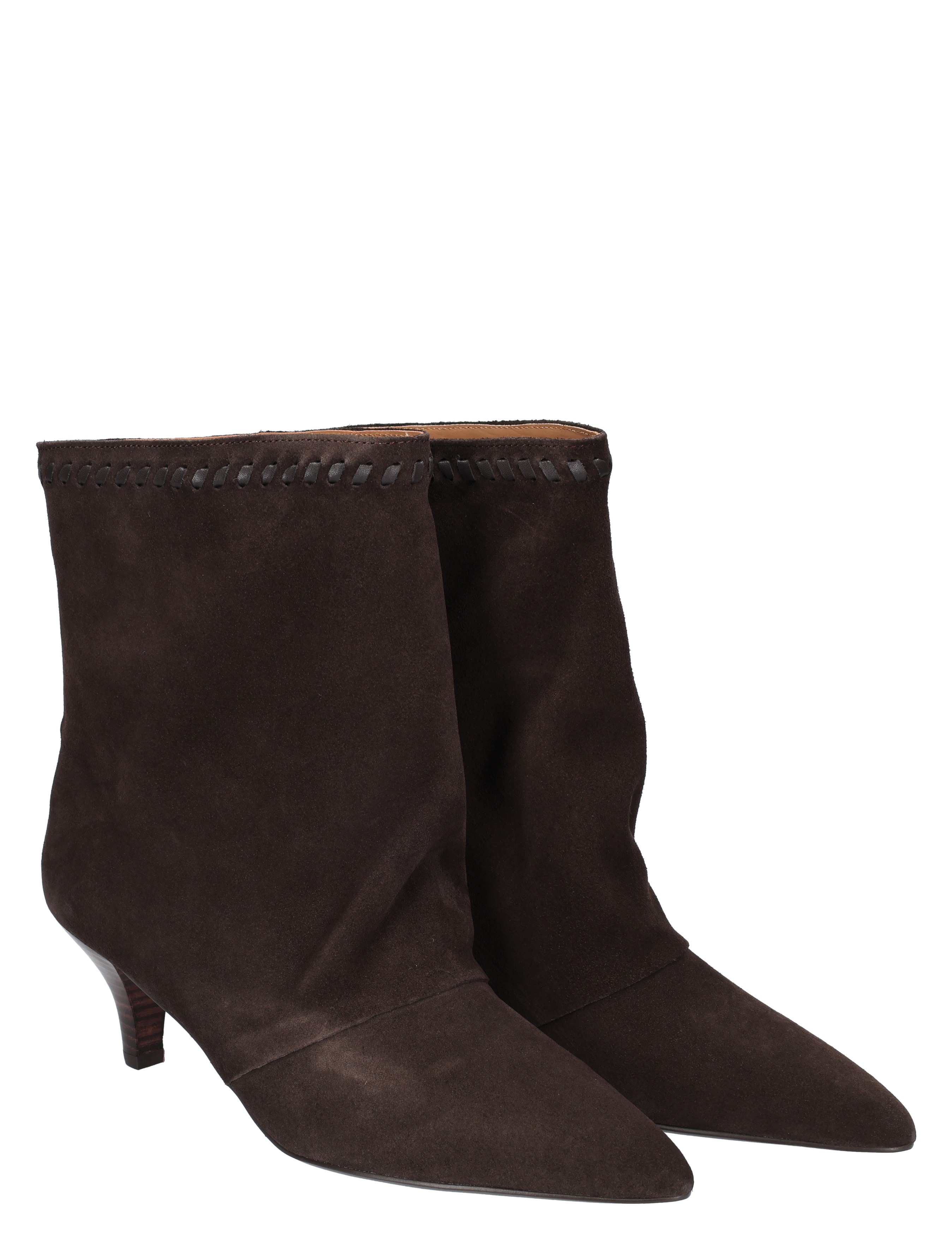 ankle boots, suede, brown, mid heel, stitched trim