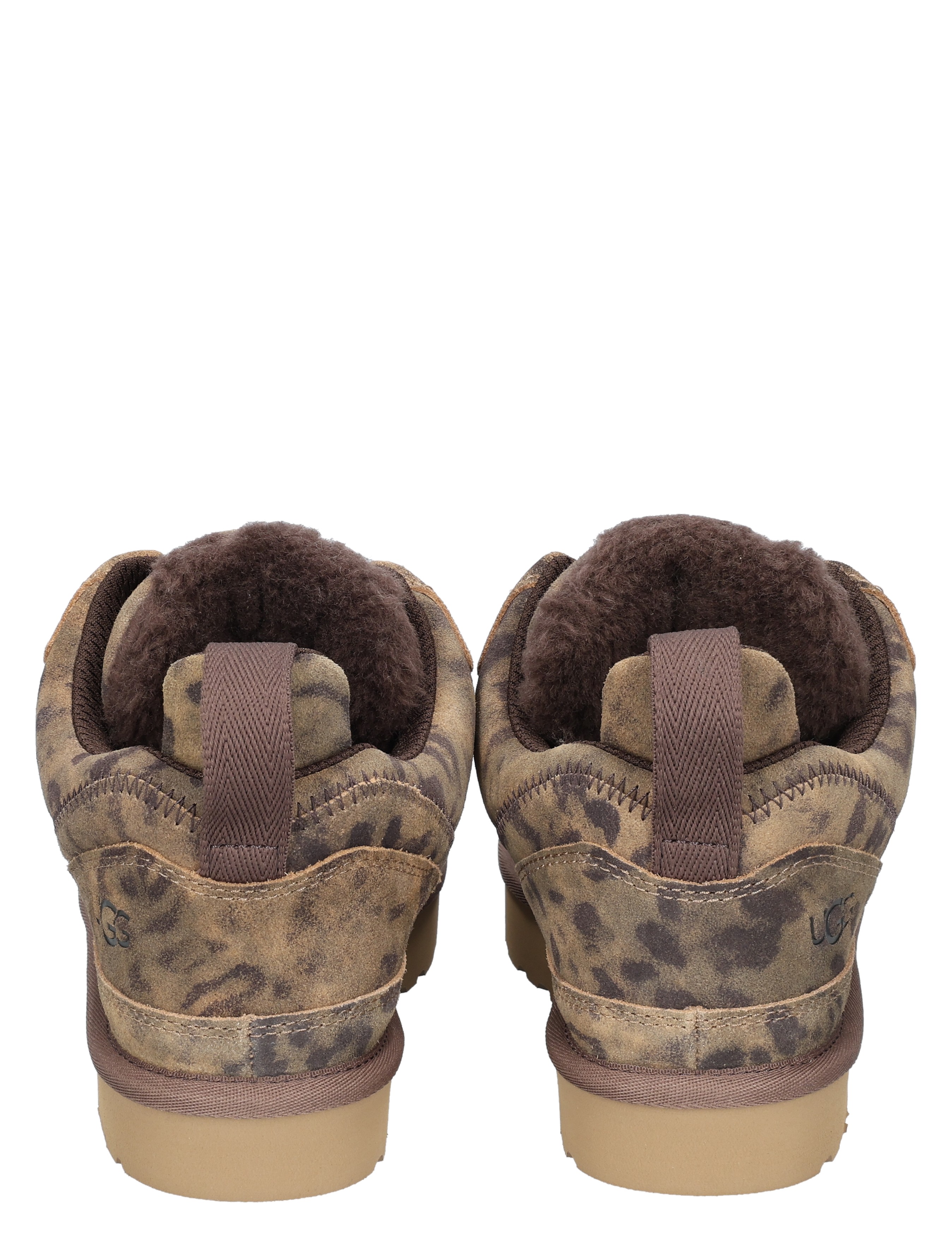 schoenen, enkelhoog, camouflageprint, bruine suède, voering van imitatiebont