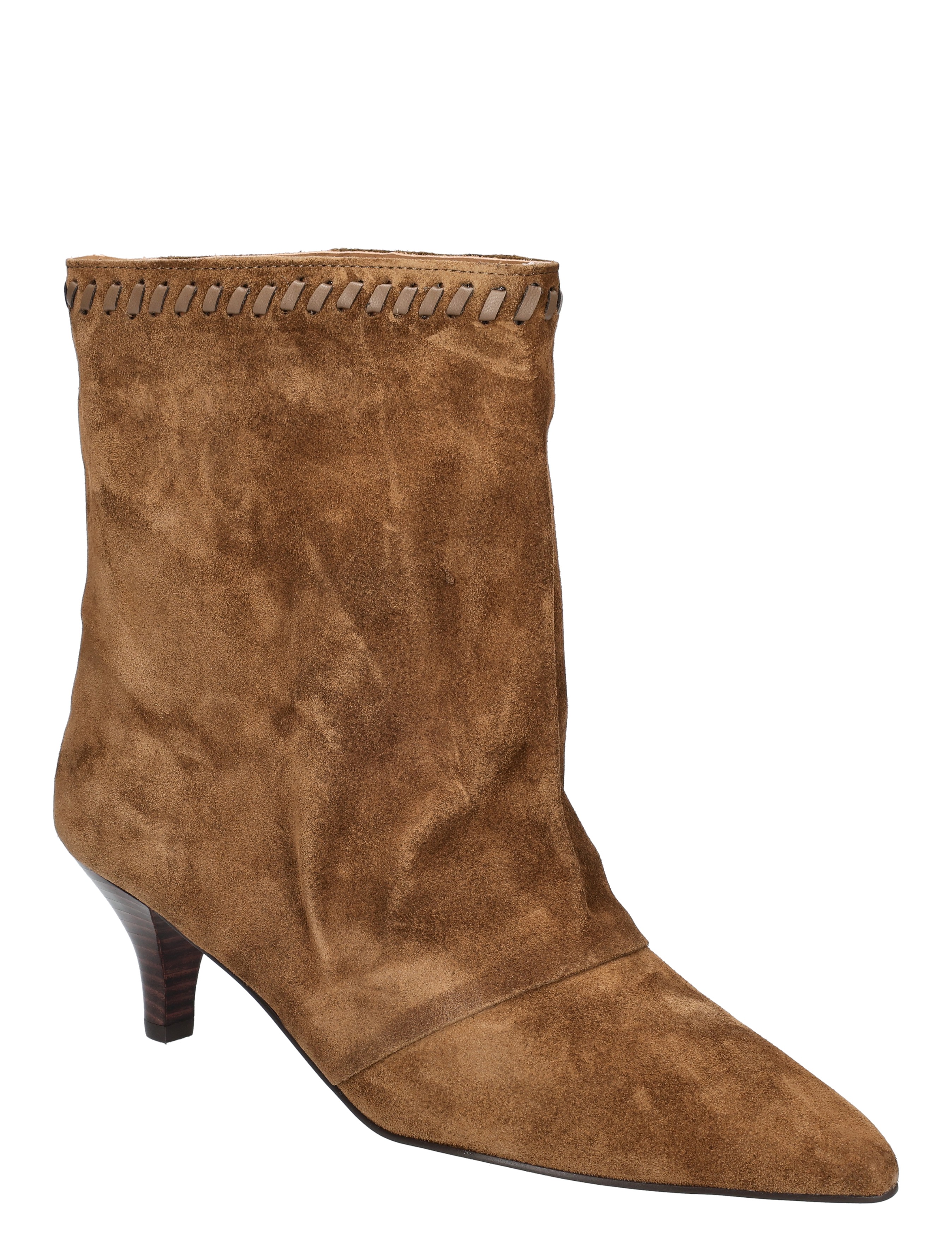 ankle boot, suède, bruine kleur, hakhoogte, geometrisch stitch