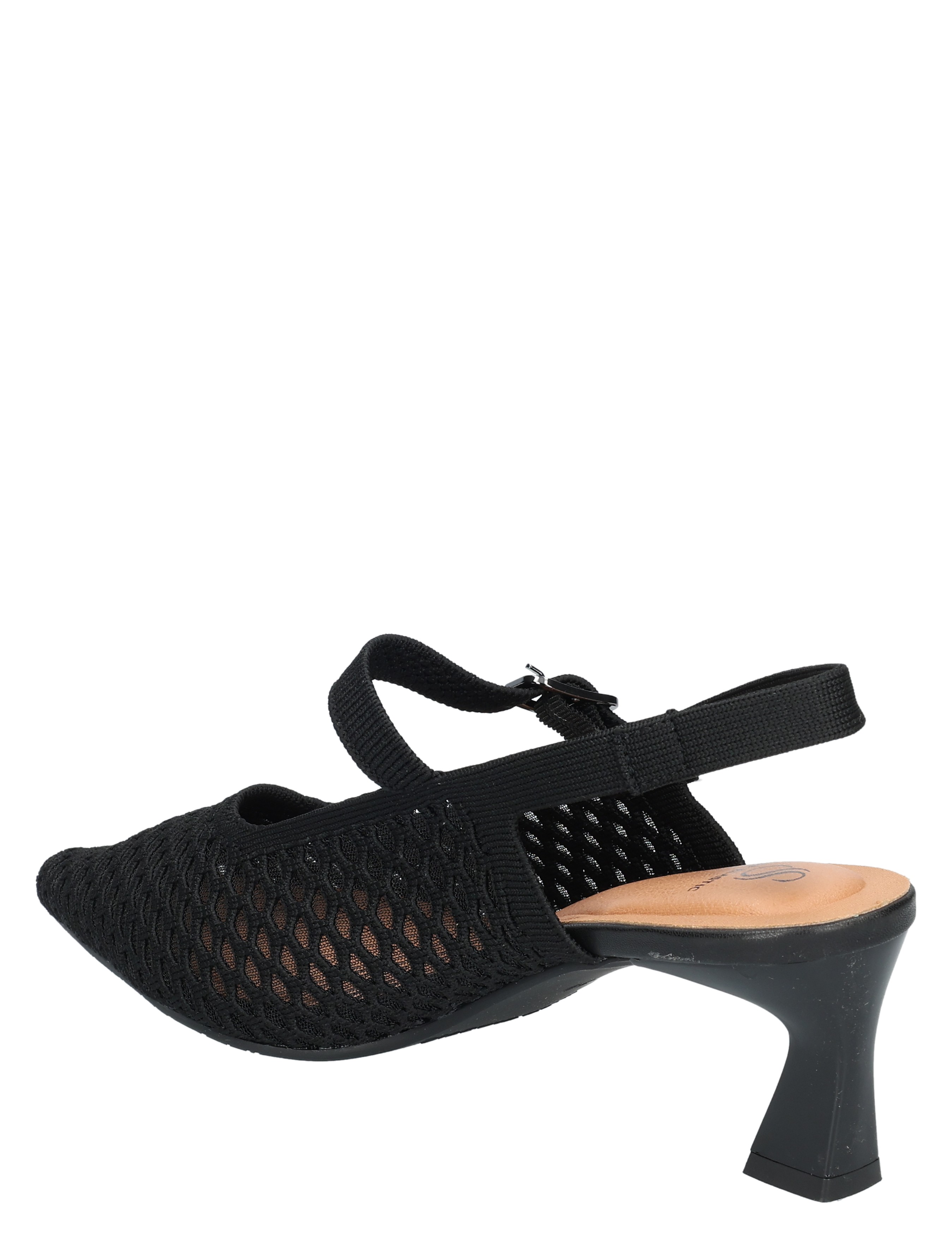 zwarte schoen, hakken, open mesh, riemsluiting, dames sandaal