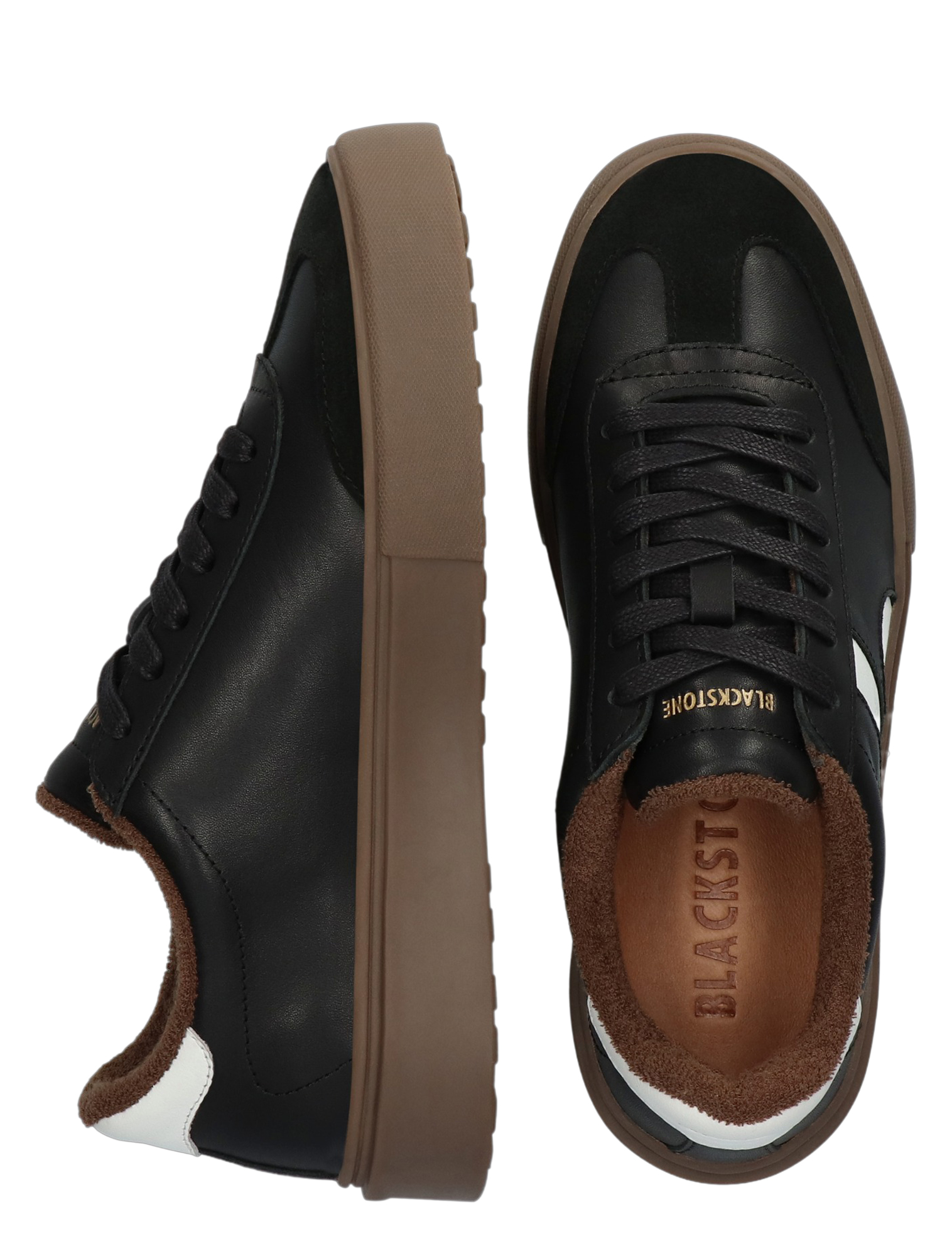 black shoes, leather, brown sole, laced, sneaker