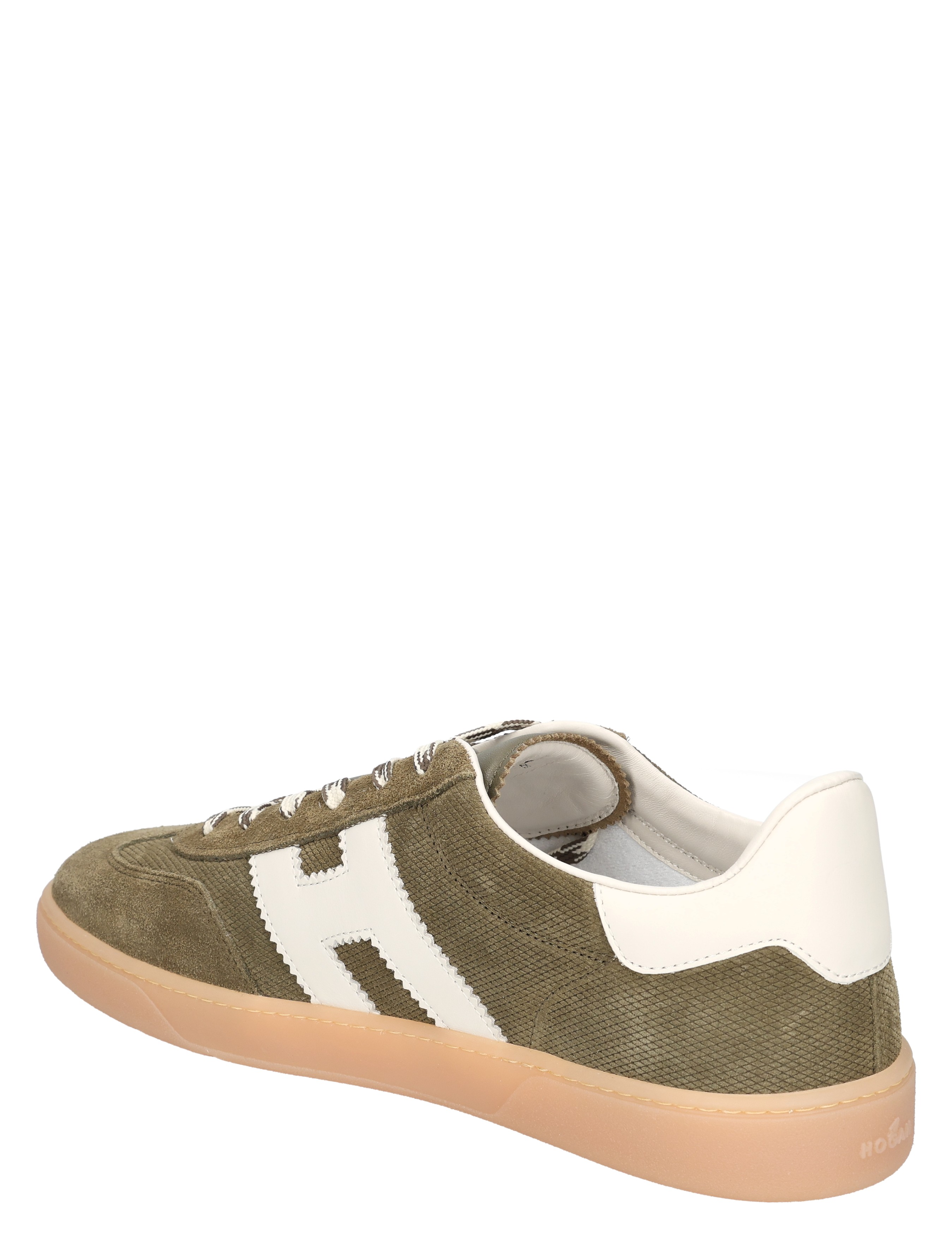sneaker, suede, olijfgroen, witte accent, gum sole